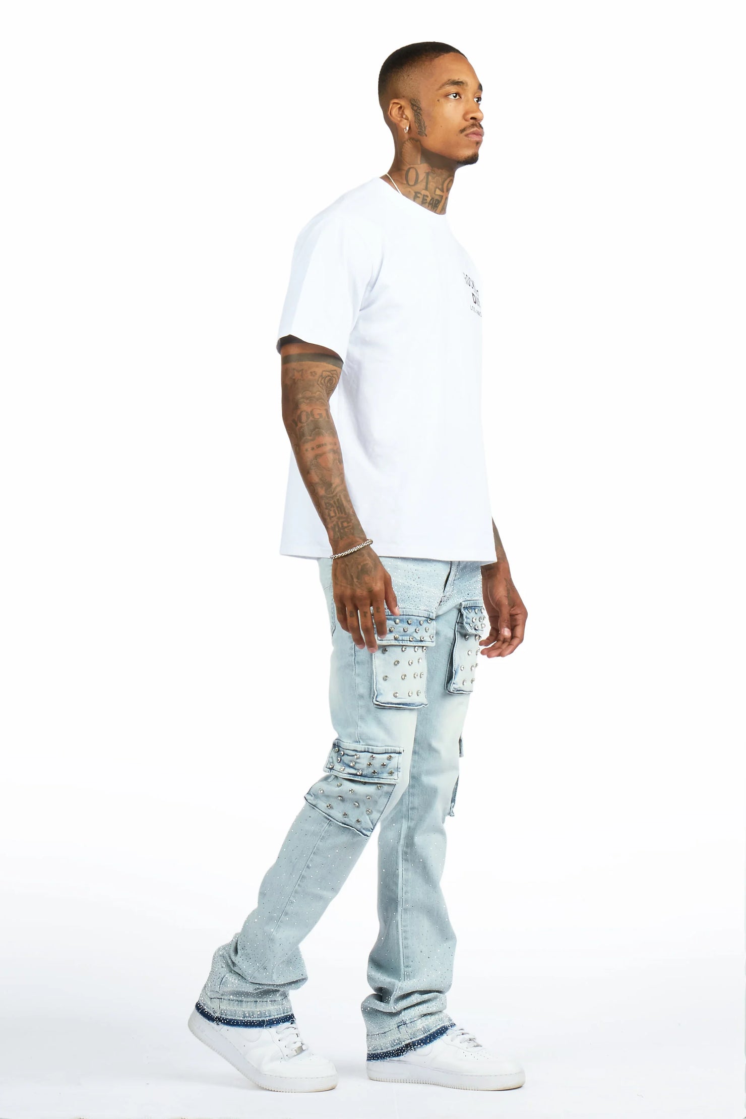 Arman Light Blue Rhinestone Stacked Fit Jean