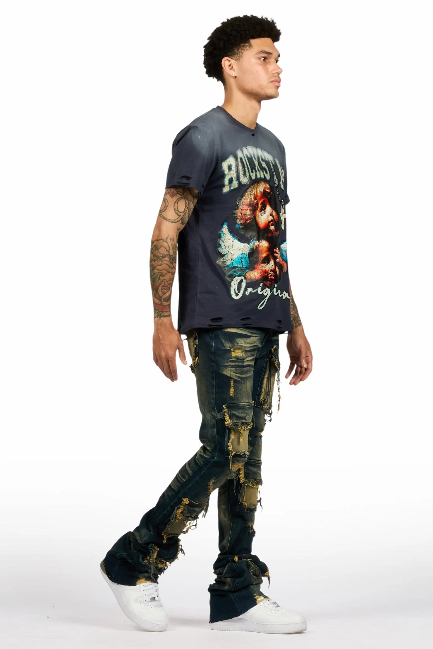 Pooja Dark Blue Super Stacked Flare Jean