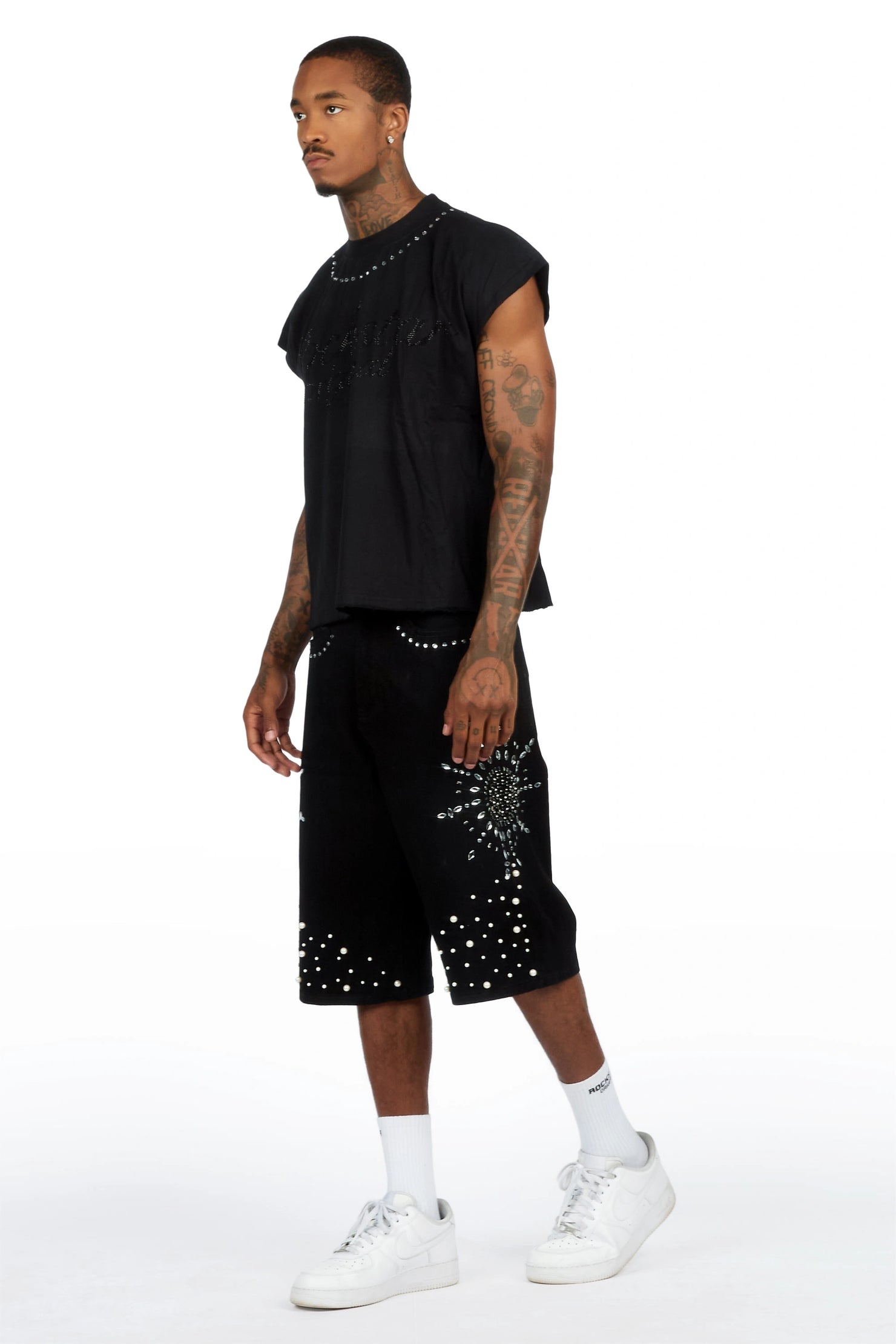 Tryst Black Rhinestone Cut Sleeve T-Shirt Denim Short Set