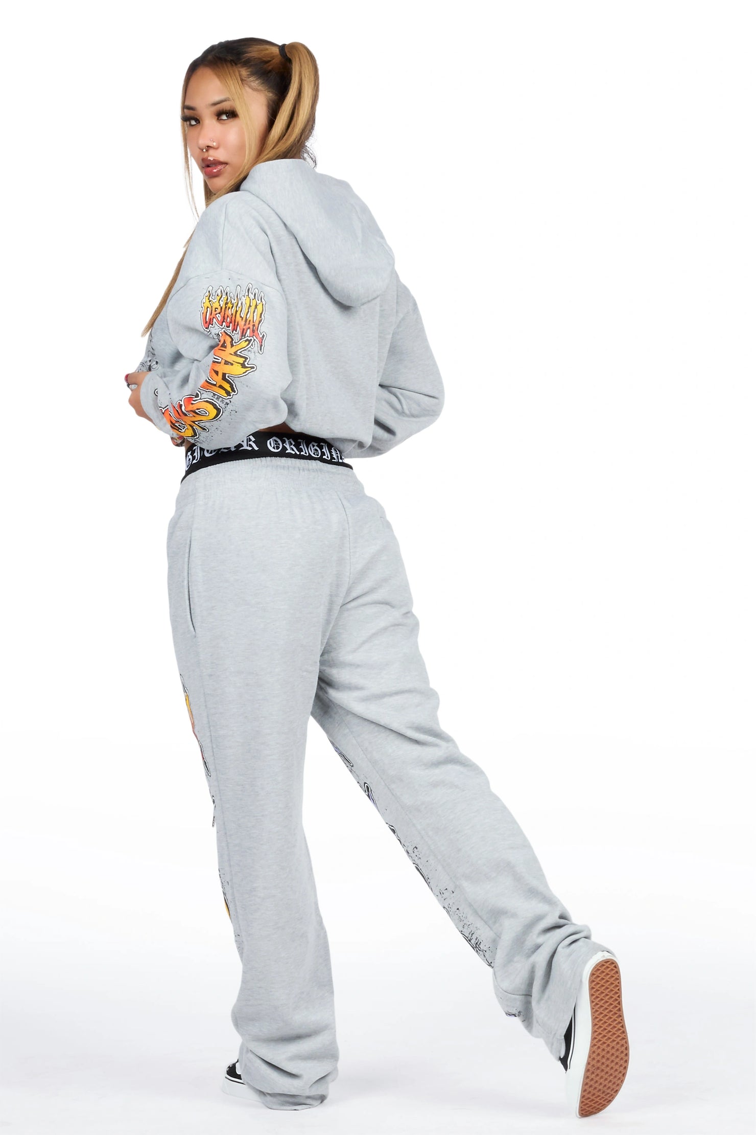 Luxoré Heather Grey Graphic Baggy Fit Track Set