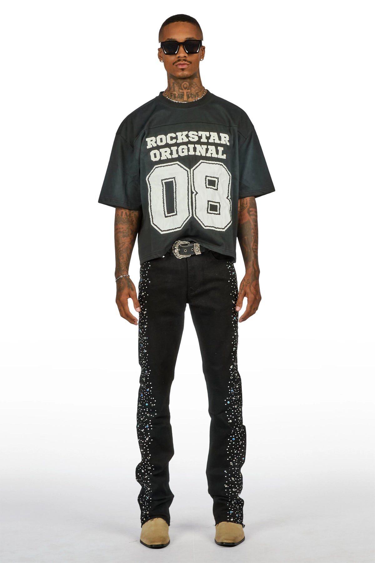 Monty Jet Black Rhinestone Studded Stacked Flare Jean