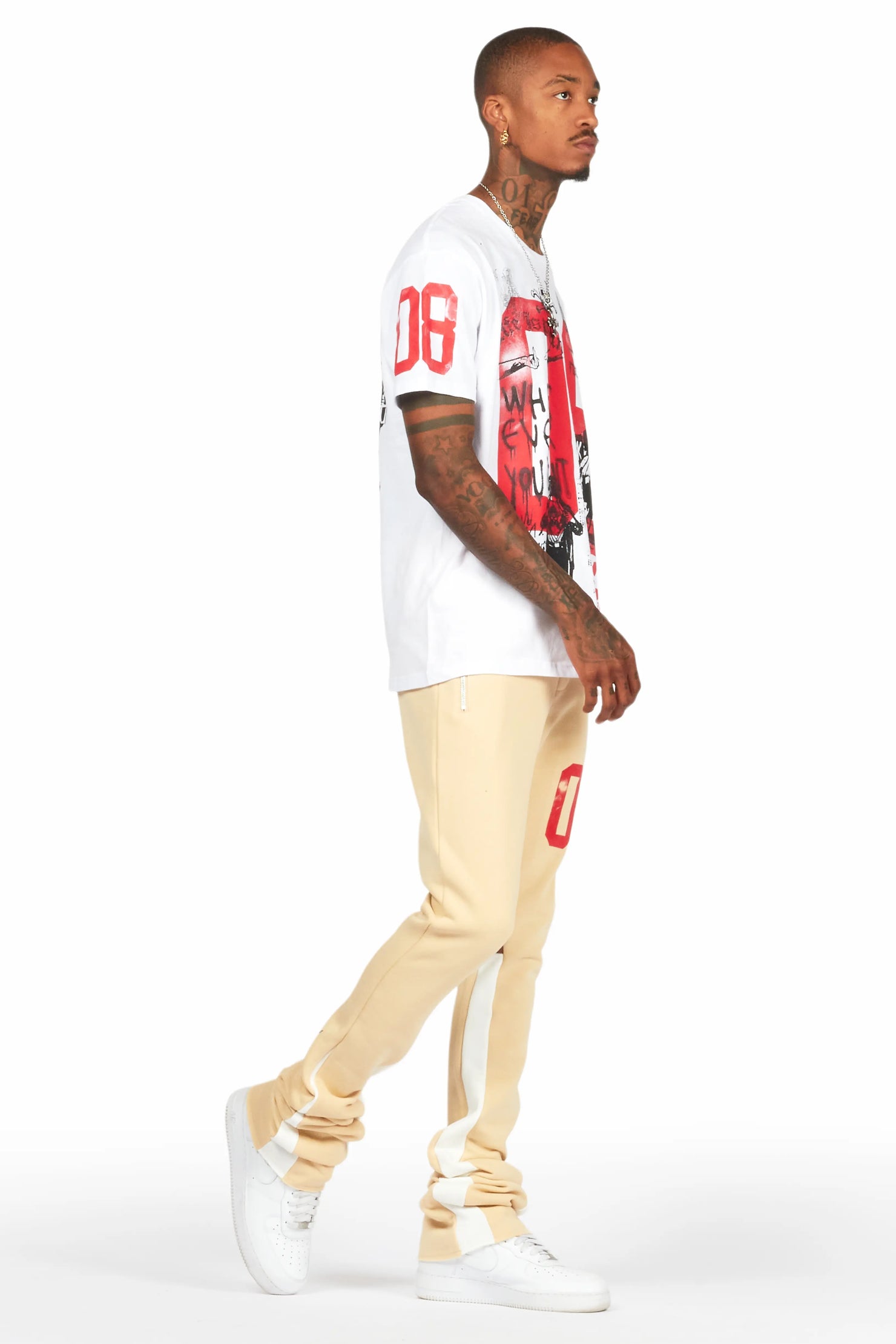 Grill White/Beige Oversized T-Shirt/Super Stacked Track Set