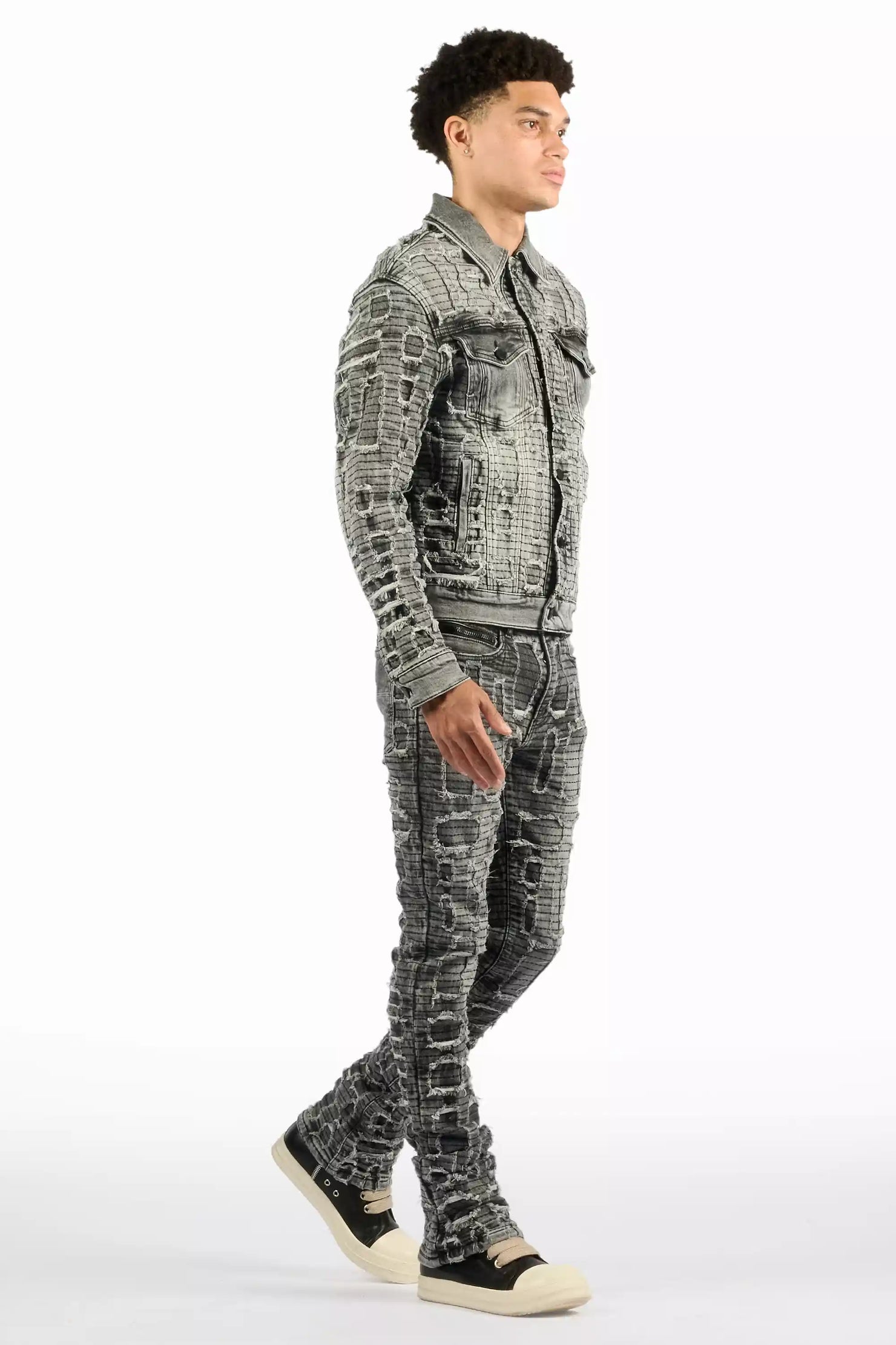 Gribo Grey Denim Jacket/Stacked Flare Jean Set