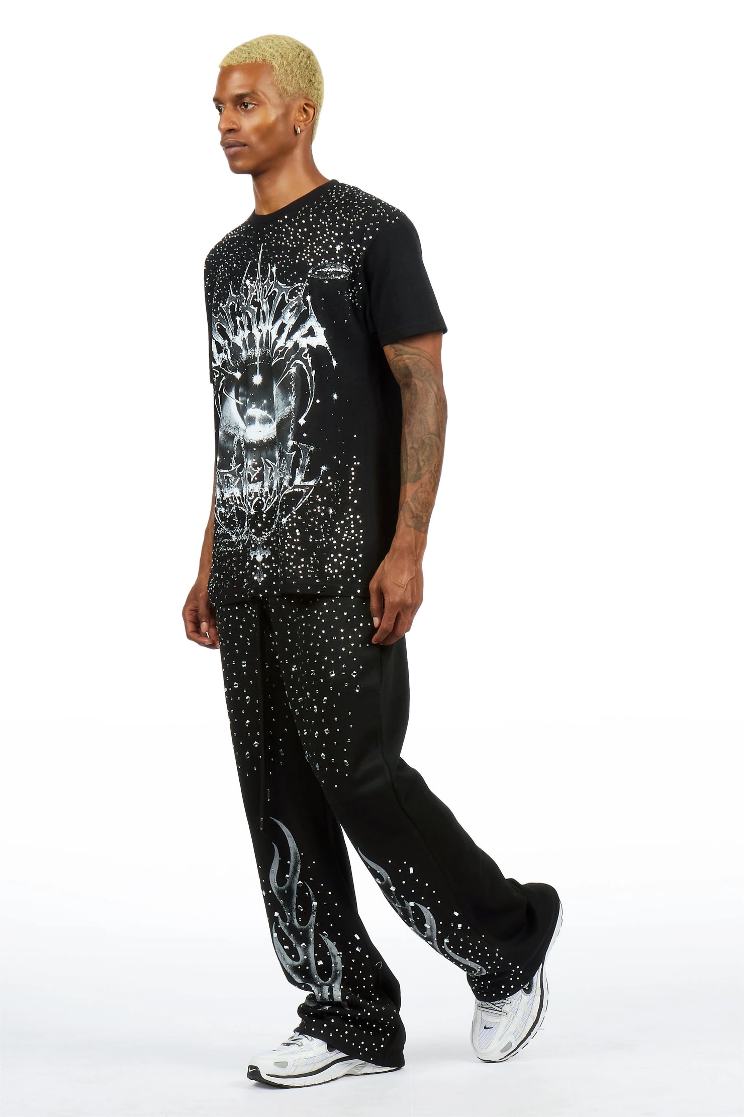 Malykz Black/Black Rhinestone T-shirt/Stacked Flare Track Pant Set