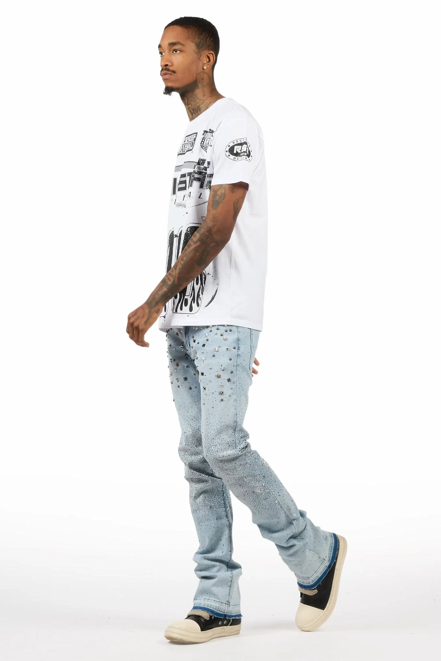 Onyx Light Blue Studded Stacked Flare Jean