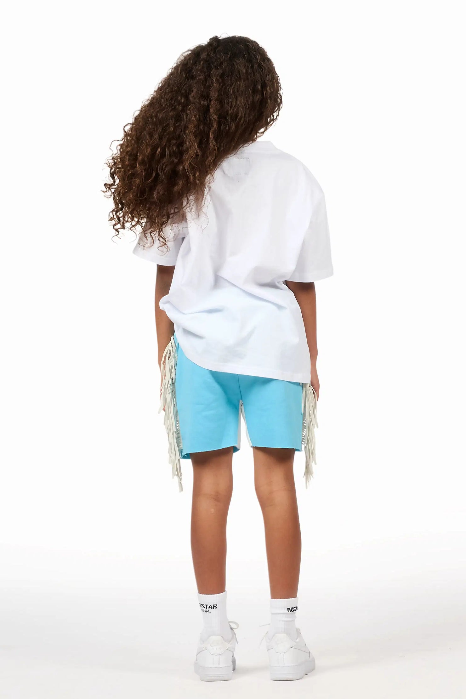 Girls Kendra White/Light Blue Graphic T-Shirt/Fringe Short Set