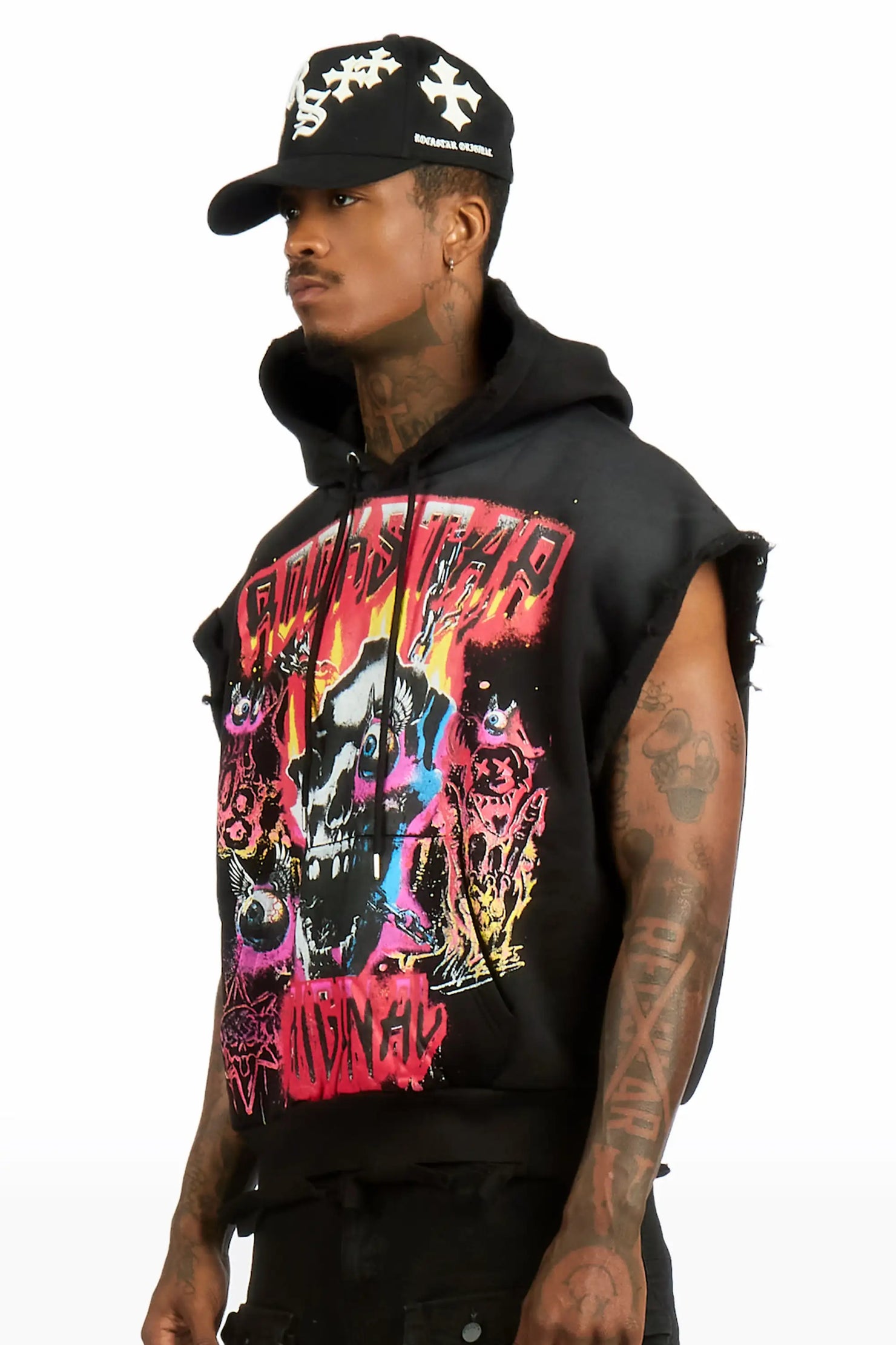 Styxx  Black Graphic Distressed Cut Sleeve Hoodie