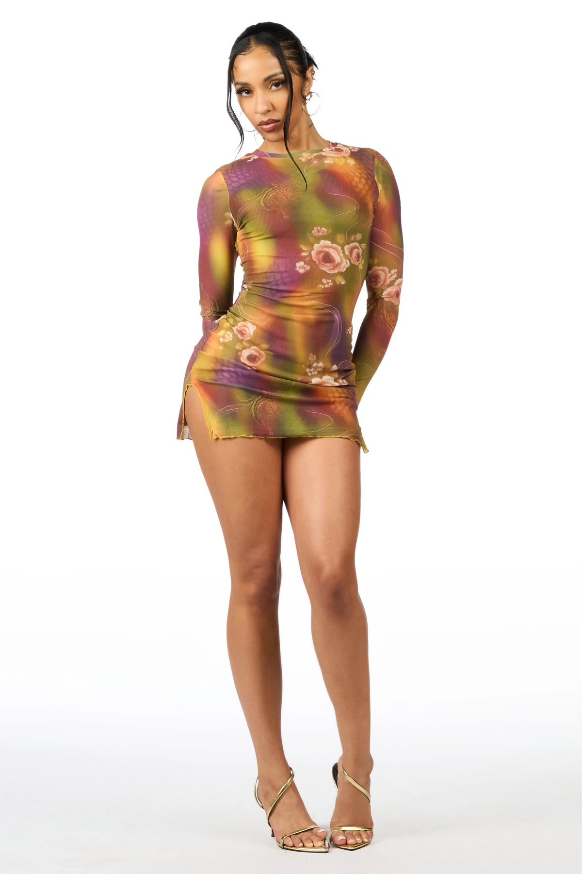Abstract Floral Moss Mesh Long Sleeve Dress