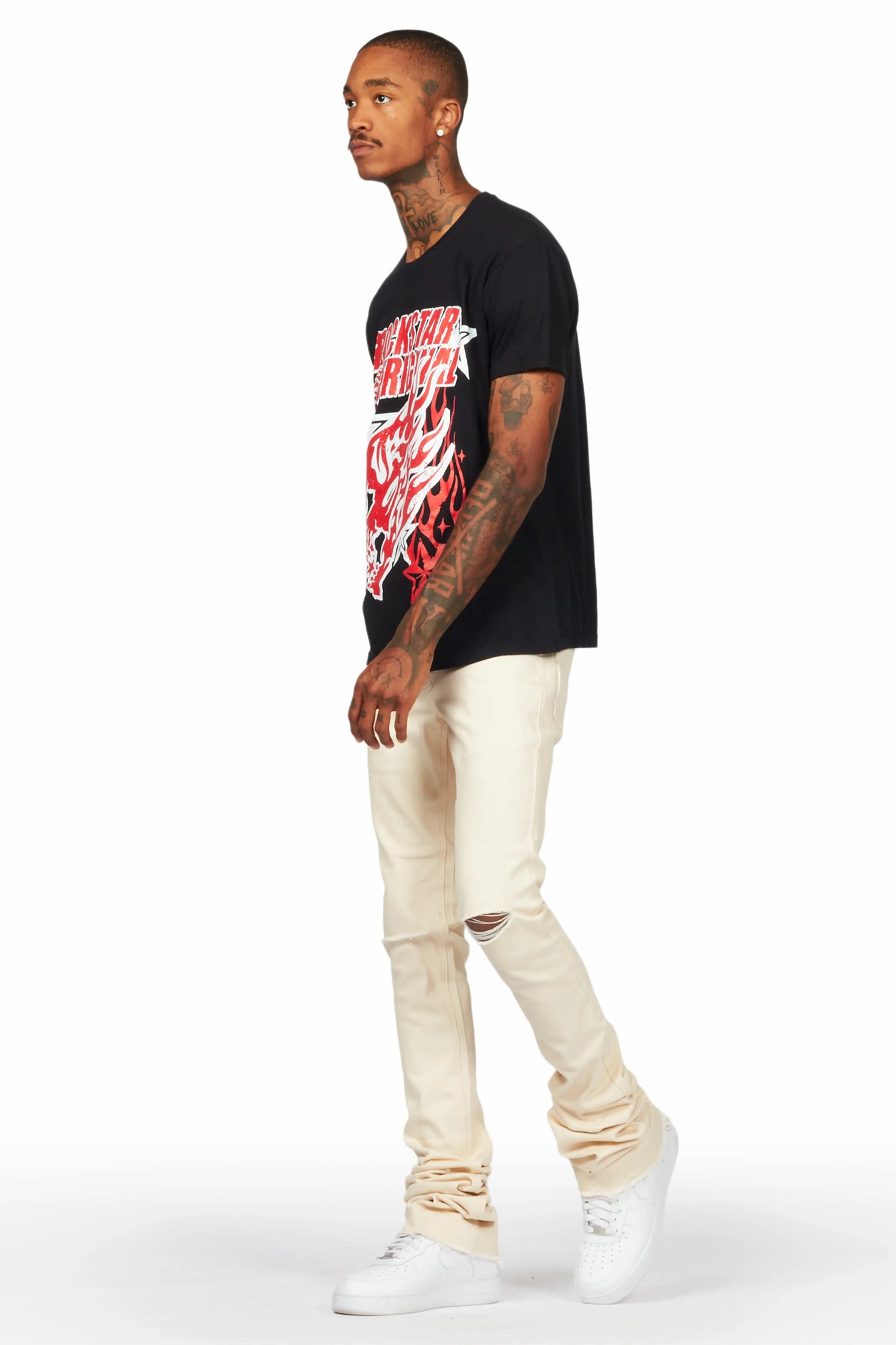 Smitty Black T-Shirt & Josiah Beige Super Stacked Flare Jean Bundle