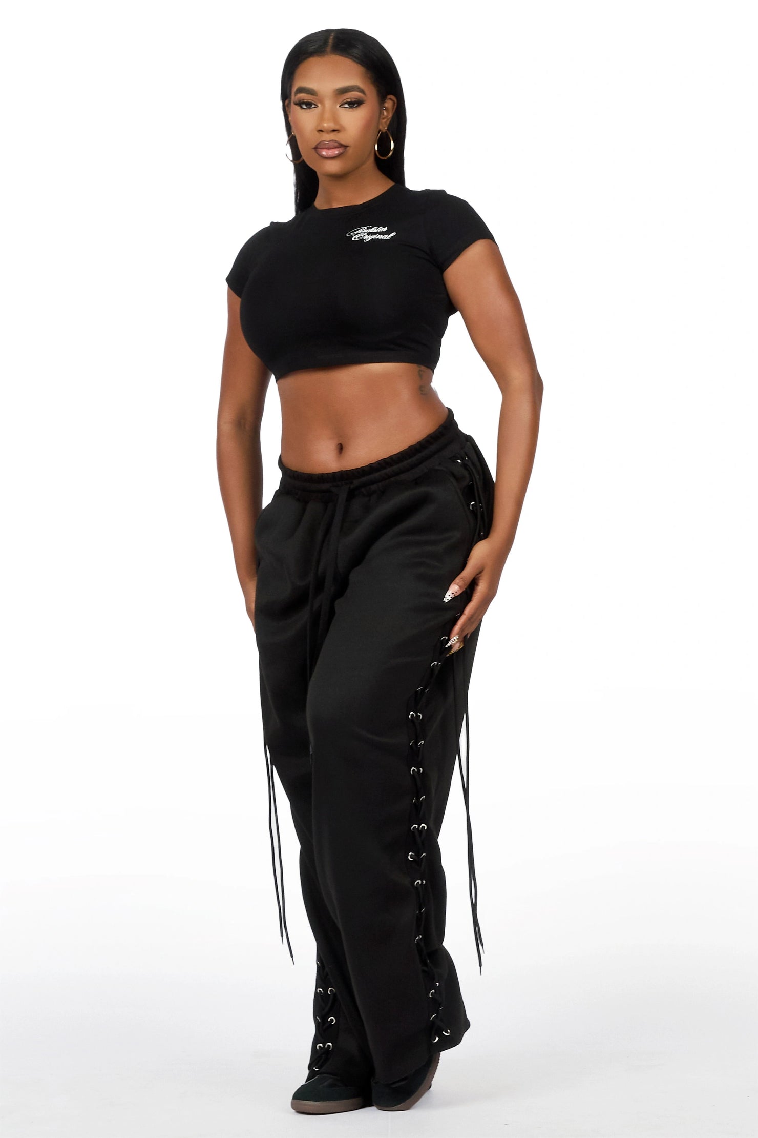 Desire Black Lace Up  Crop T-Shirt Baggy Track Set