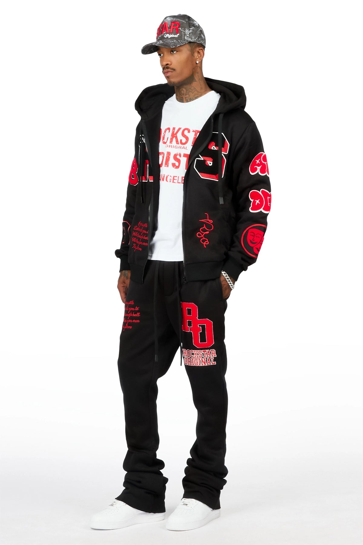 Leslaw Black/Red Zip Up Hoodie Stacked Track Set
