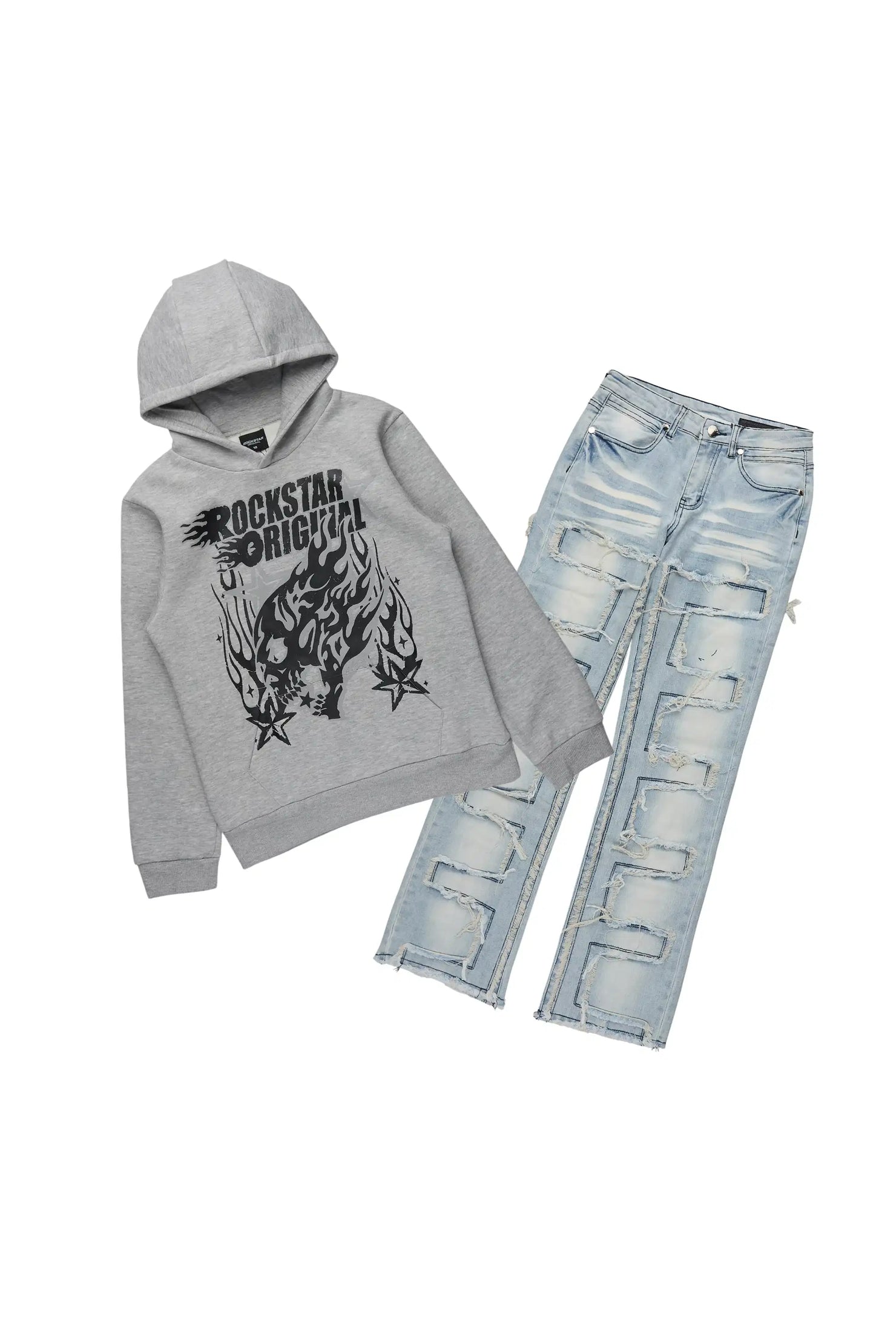 Boys Smitty Grey Hoodie & Shake Blue Stacked Flare Cargo Jean Set