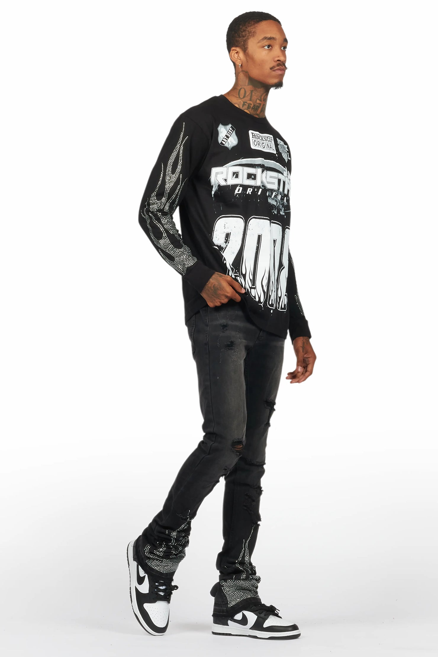 Amos Black Rhinestone Long Sleeve T-Shirt/Super Stacked Flare Jean Set