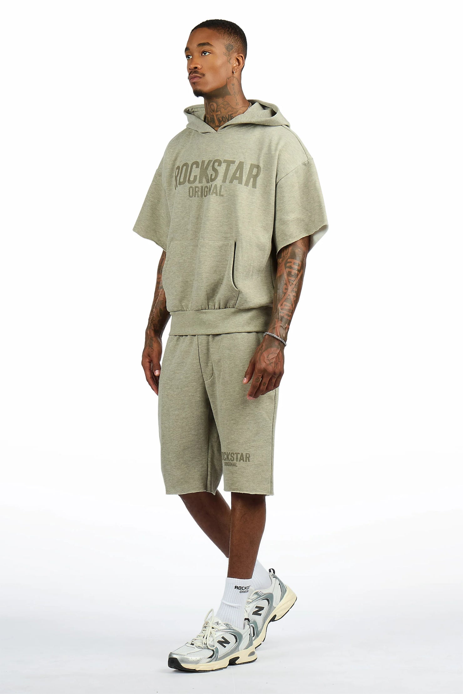 Sana Dark Oatmeal Cut Sleeve Hoodie Short Set