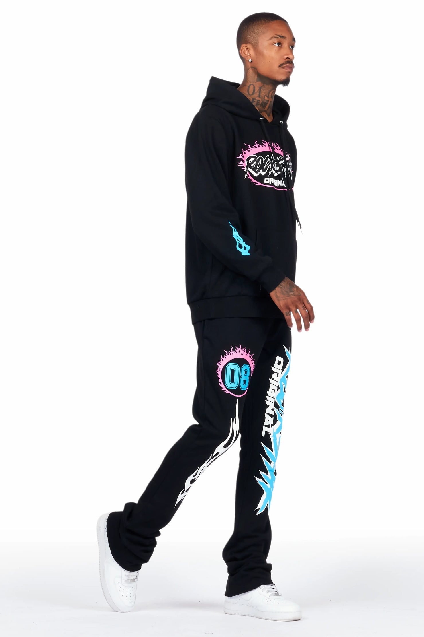 Draven Black Hoodie/Stacked Flare Track Pant Set