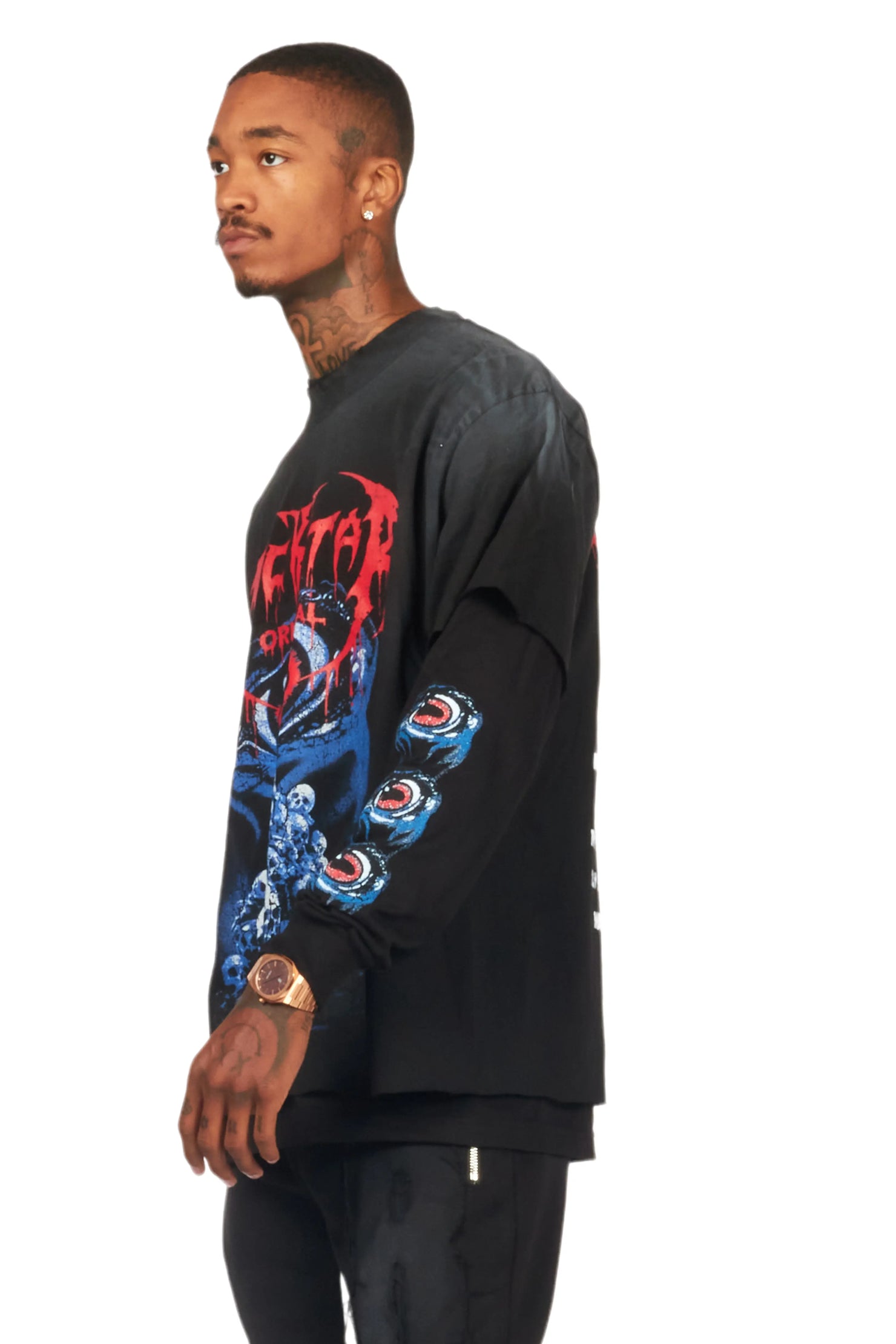 Vicious Black Double Layer Long Sleeve Graphic T-Shirt