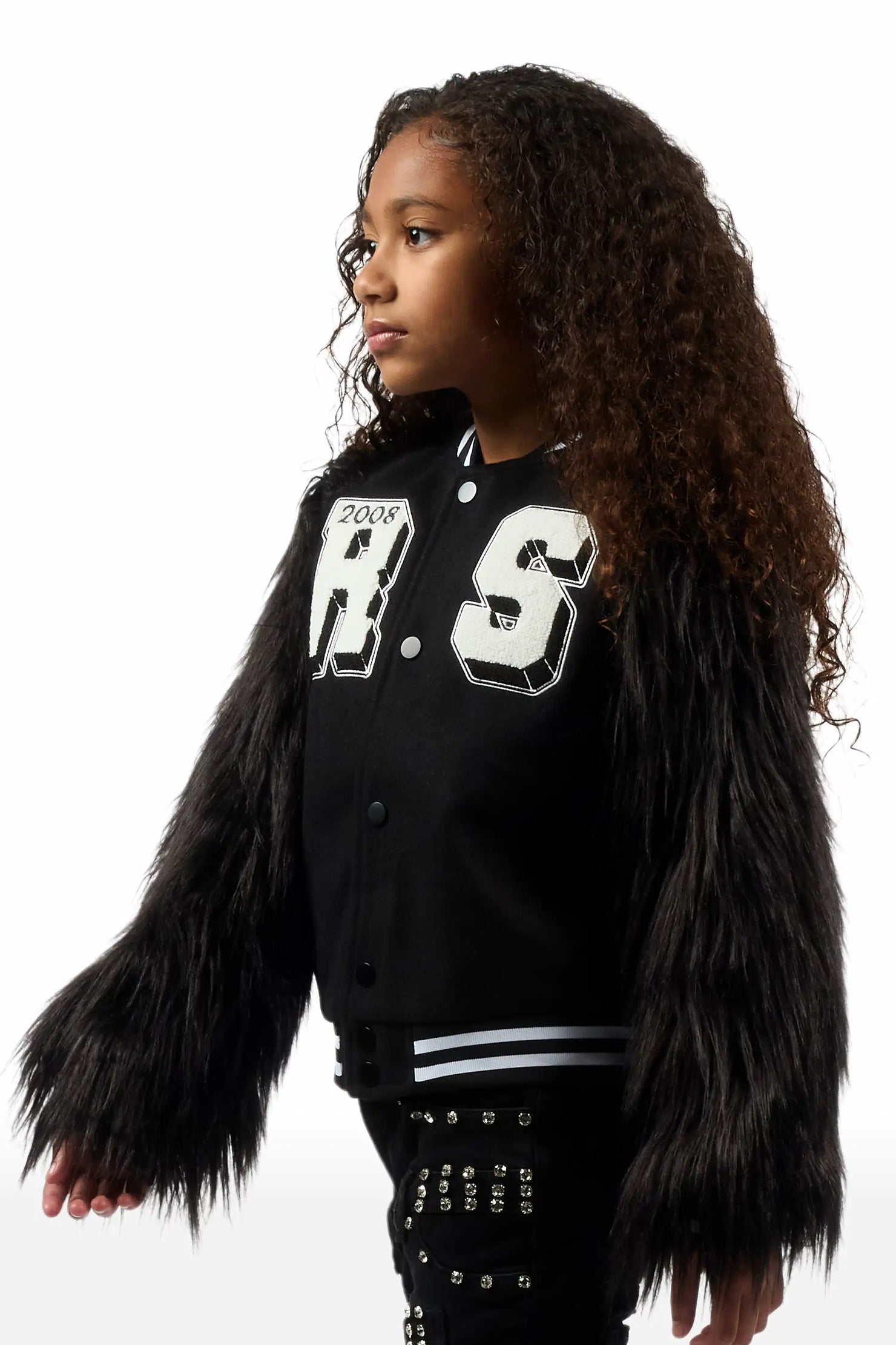 Girls Jameicia Black Fur Sleeve Varsity Jacket