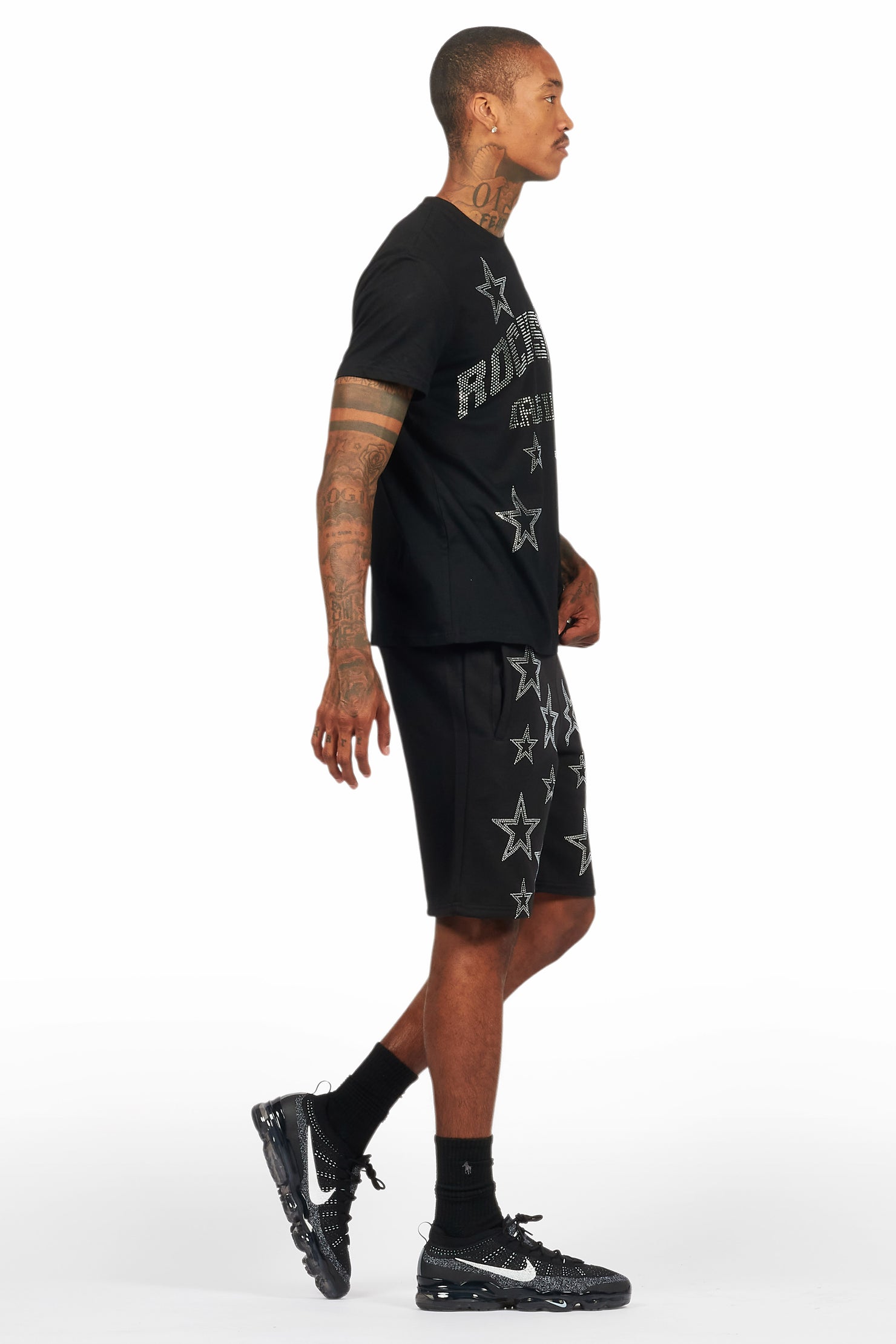 Nox Black Rhinestone T Shirt Short Set