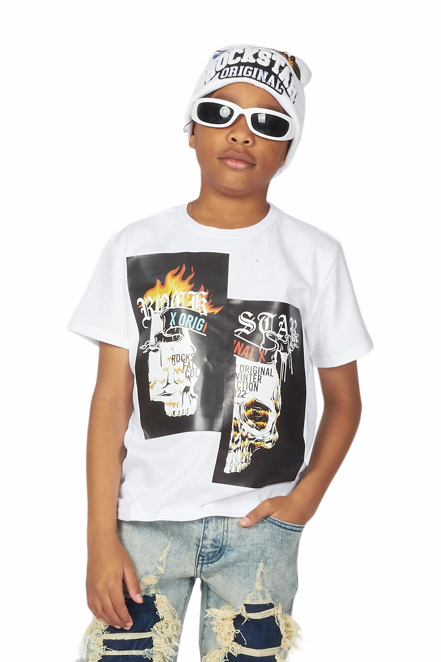 Boys Baam White/Blue T-Shirt/Stacked Flare Jean Set
