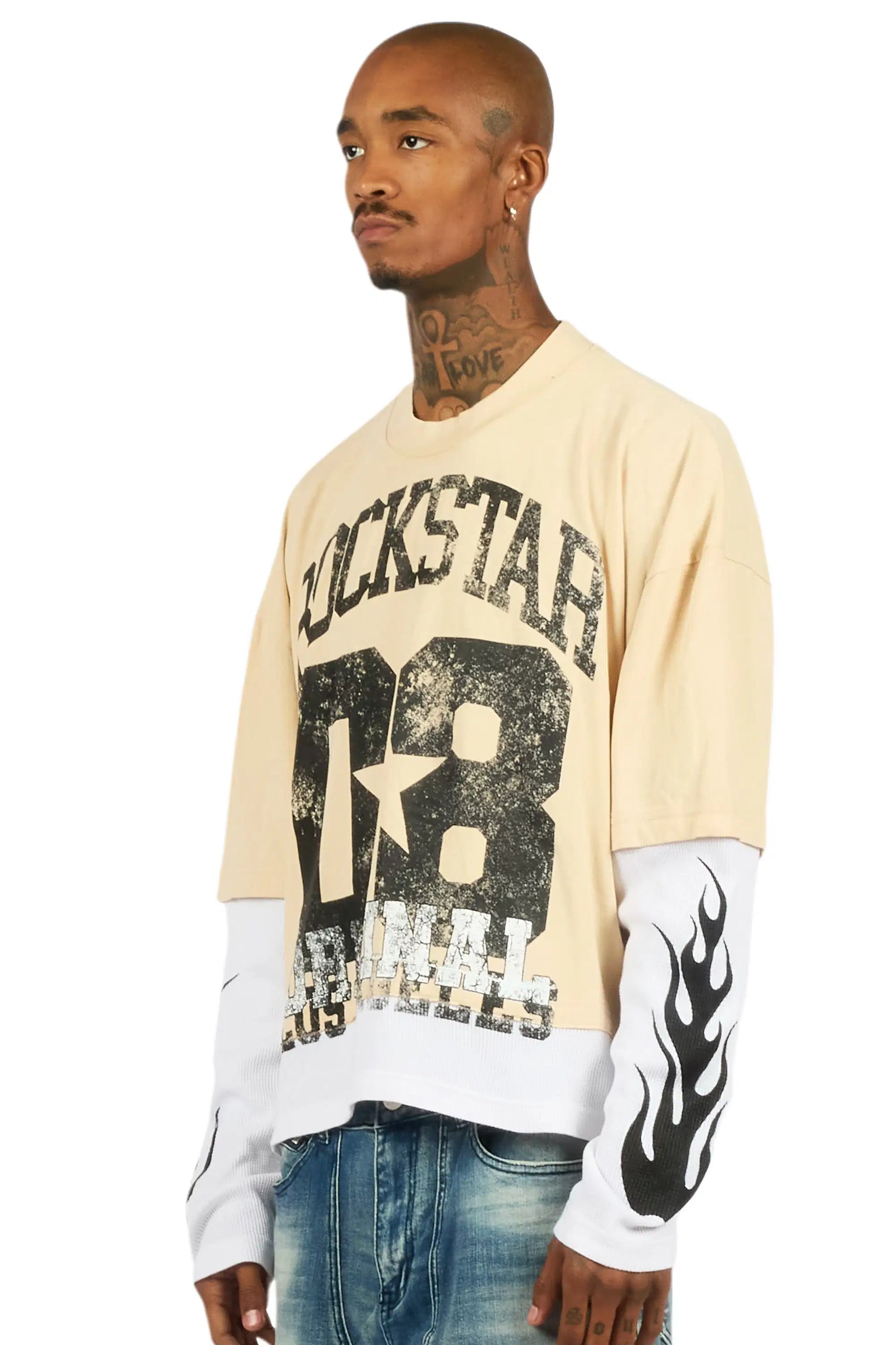 Flamur Beige/Black Double Layer Long Sleeve Graphic T-Shirt
