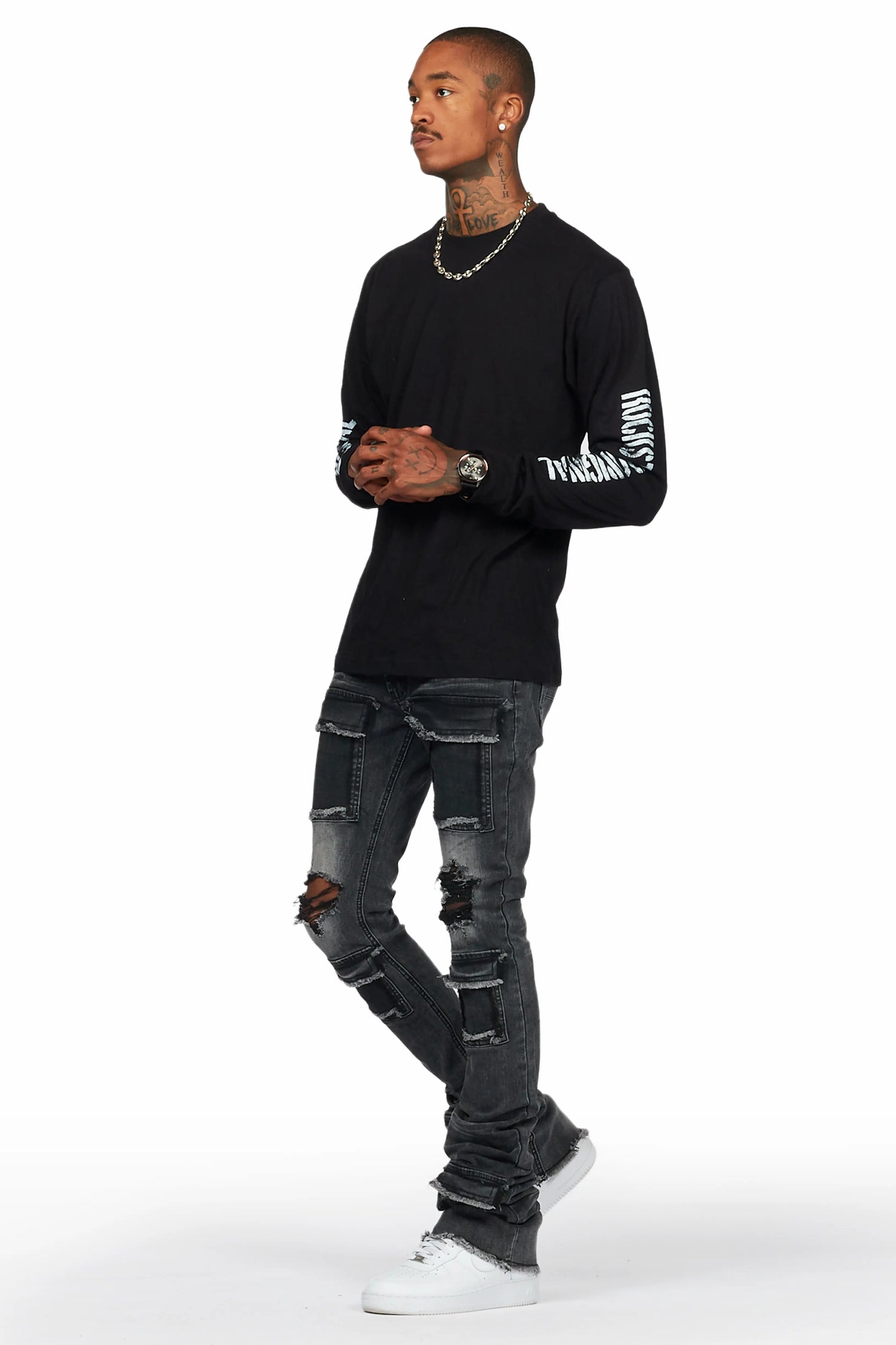 Piet Dark Grey Cargo Super Stacked Flare Jean