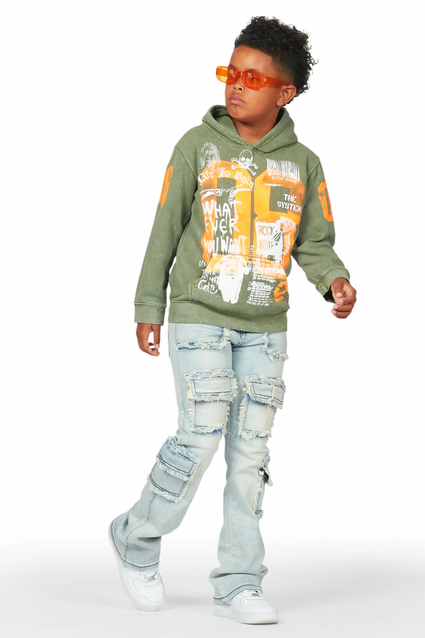 Boys Beau Vintage Green Hoodie/Stacked Flare Jean Set