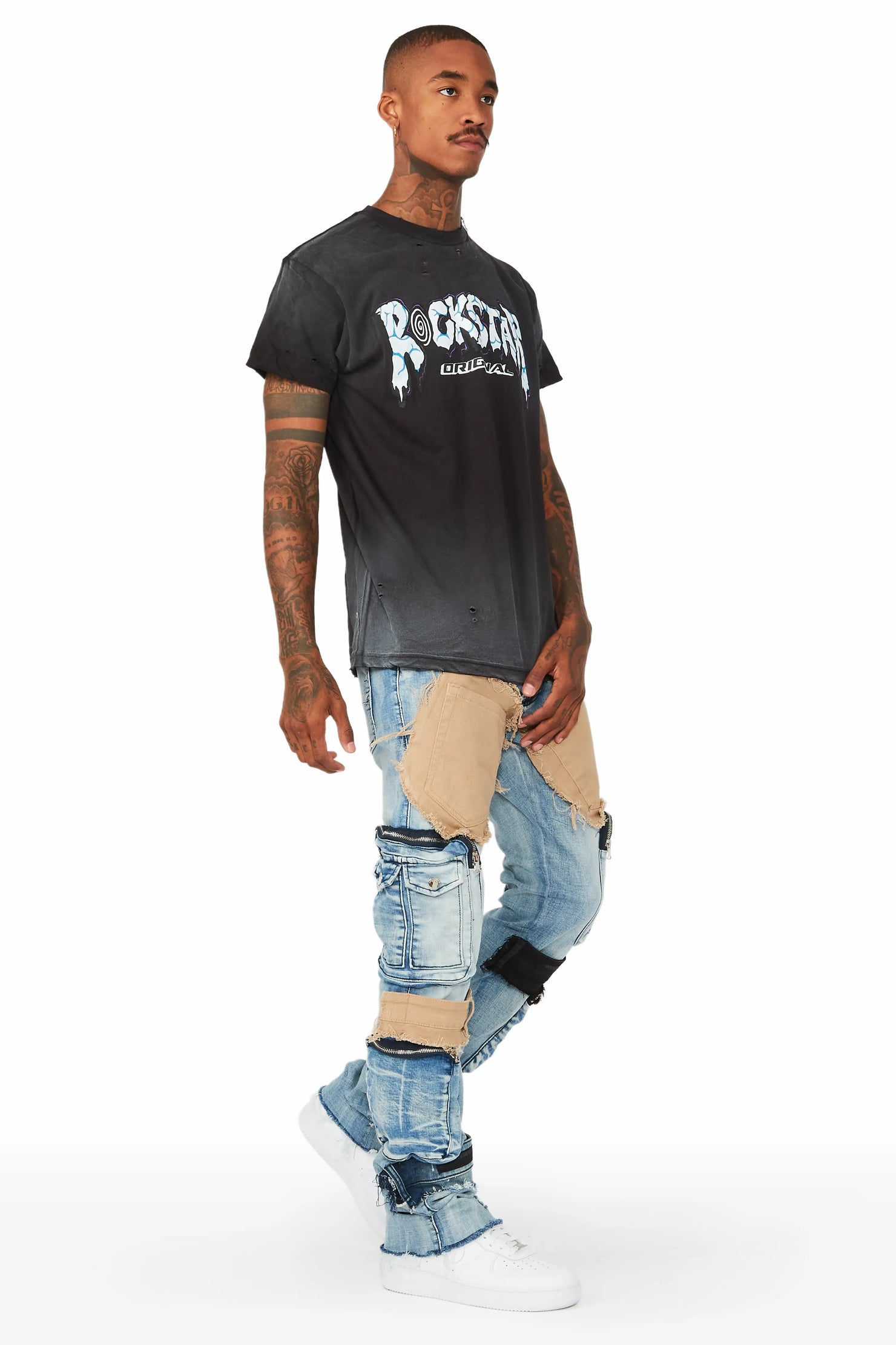 Orion Blue Patchwork Stacked Flare Jean