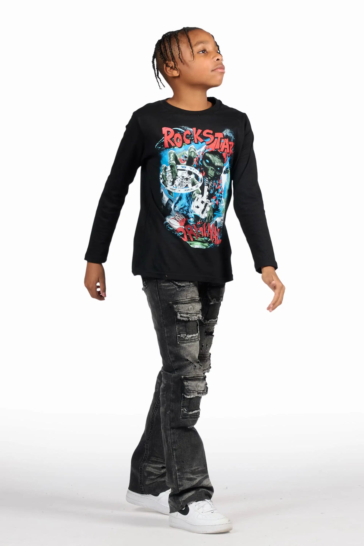 Boys Petrus Black Stacked Flare Jean