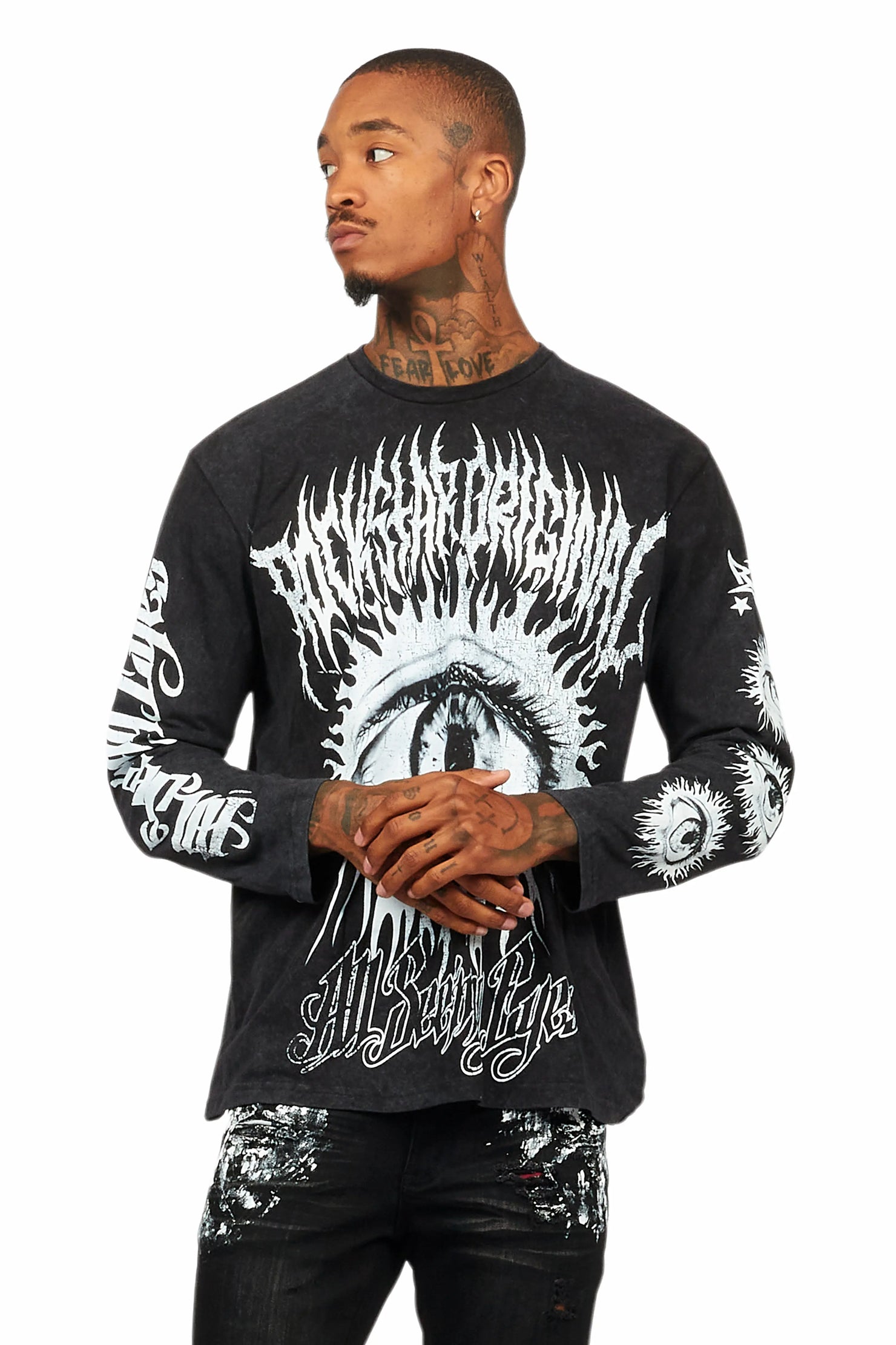 All Seeing Eyes Vintage Black Long Sleeve Graphic T-Shirt