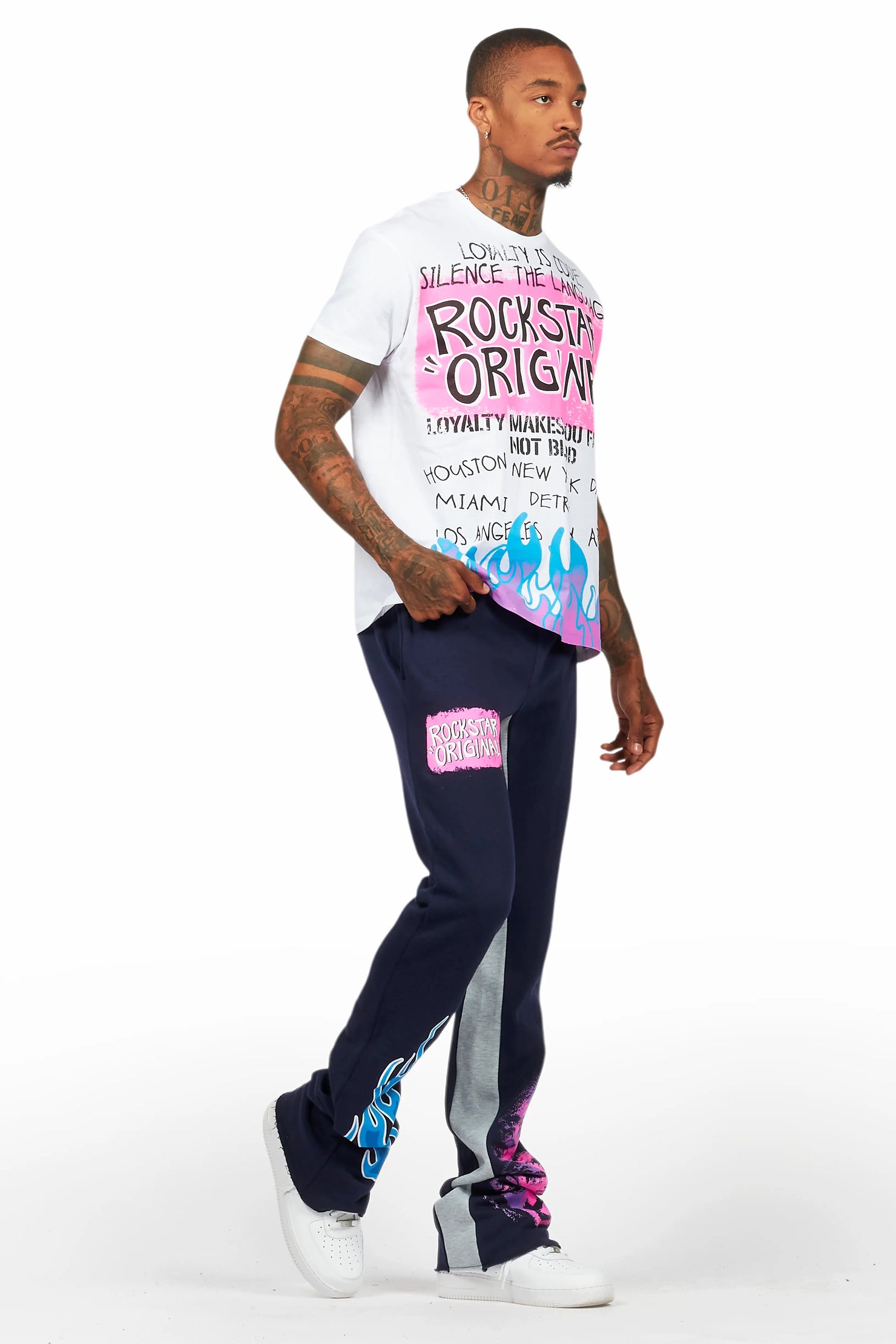 Beno White/Navy T-Shirt/Baggy Stacked Pant Set