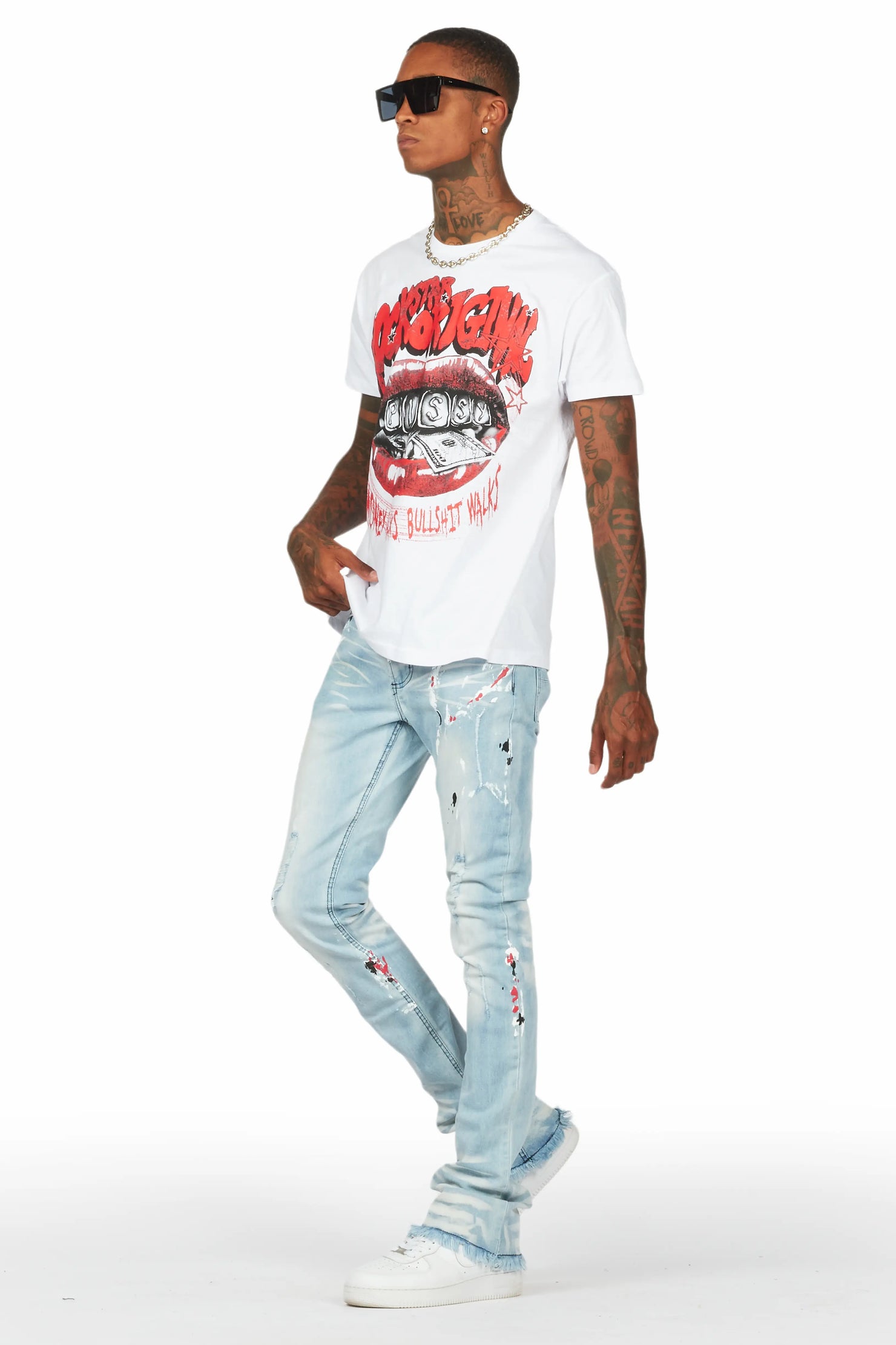 Bloke White/Blue T-Shirt/Stacked Flare Jean Set