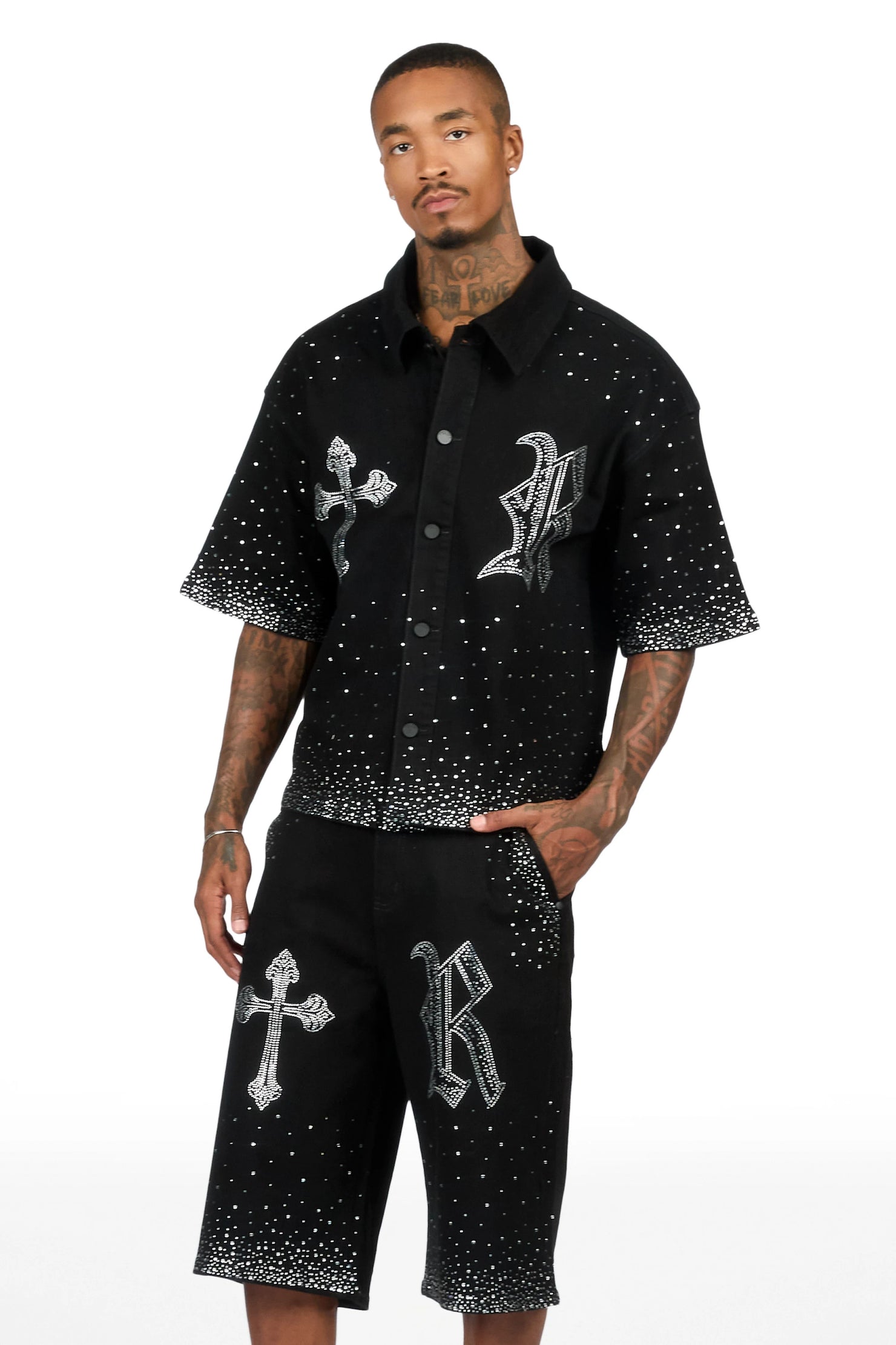 Clemente Jet Black Rhinestone Button Down Shirt Jort Set