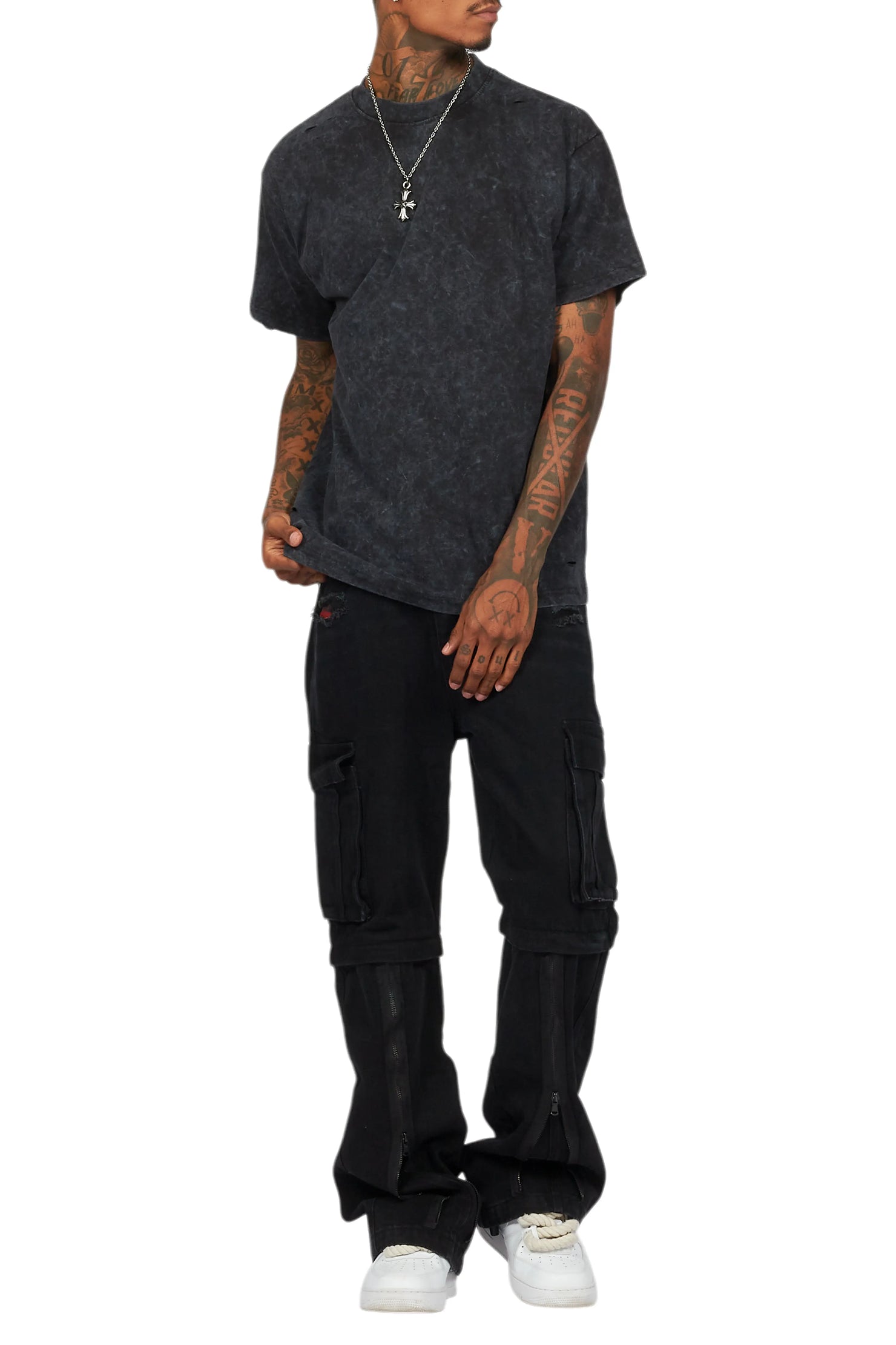 Basic Rockstar Vintage Black Oversized Distressed Plain T-Shirt