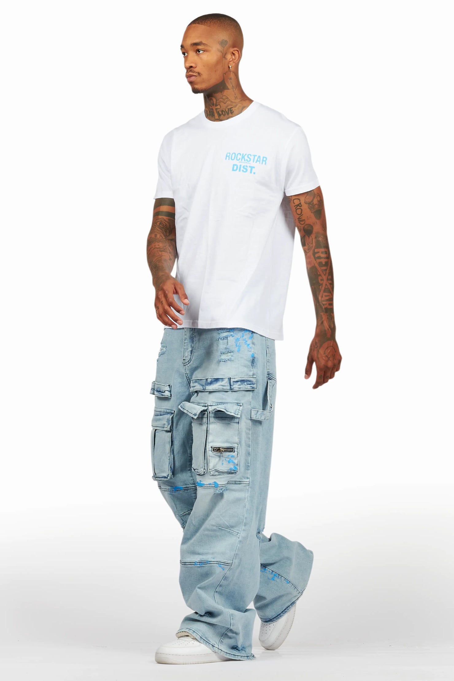 Lake White/Blue T-Shirt/Baggy Fit Cargo Jean Set
