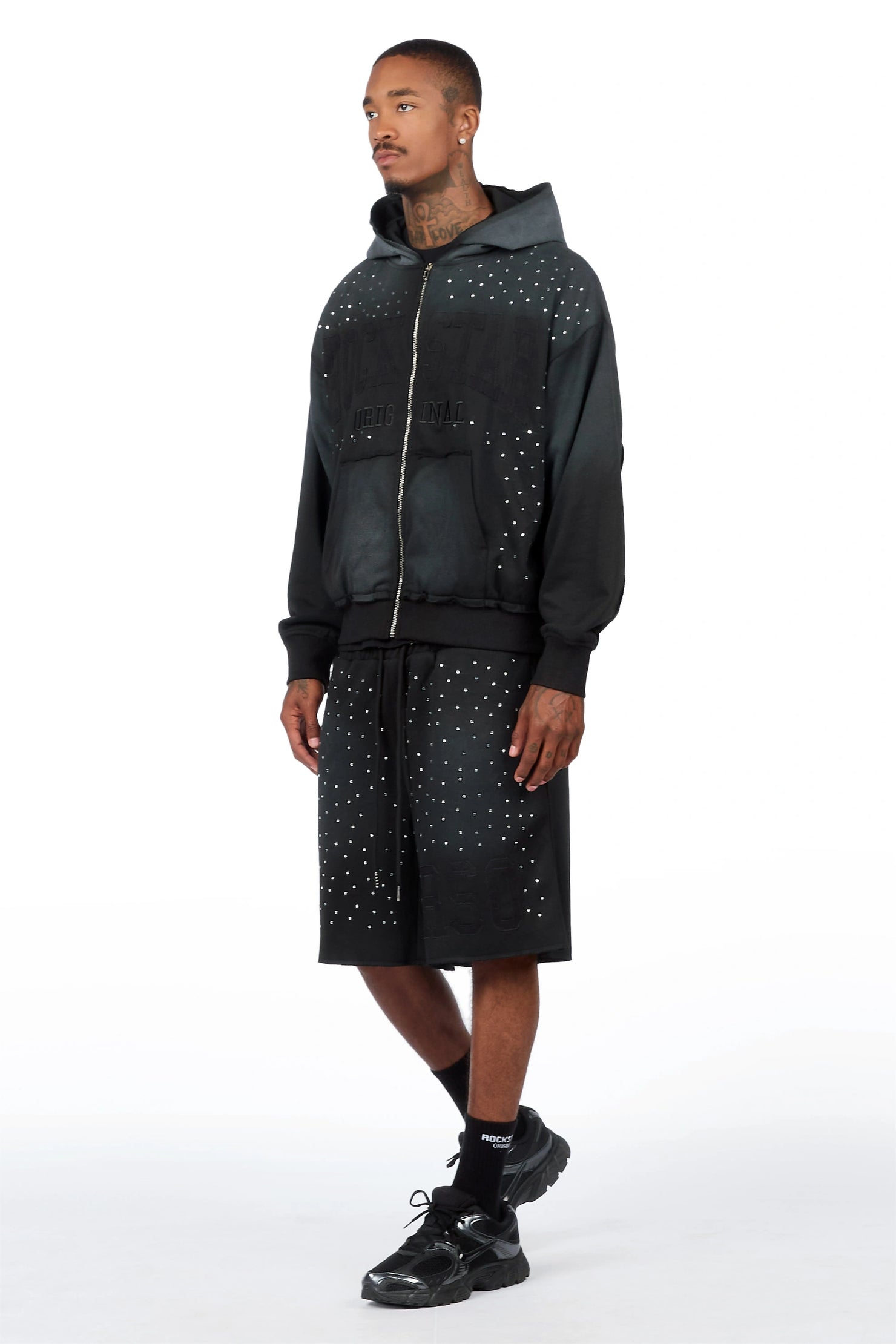 Akila Black Rhinestone Hoodie Double Waisted Short Set