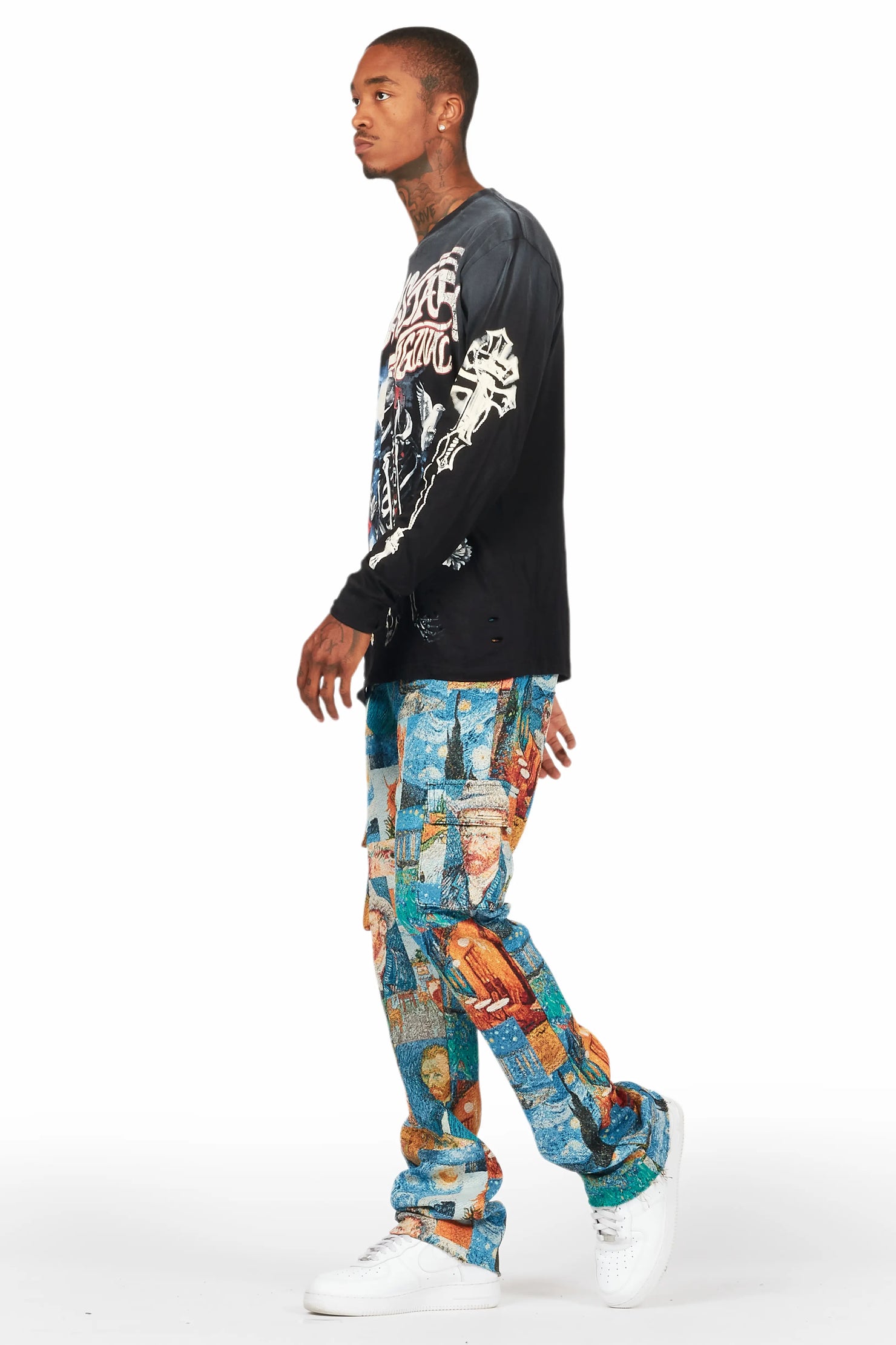 Zaire Blue Multi Tapestry Stacked Flare Jean