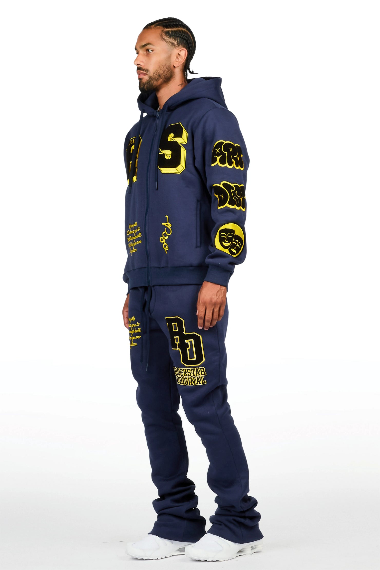 Leslaw Navy Zip Up Hoodie Stacked Track Set