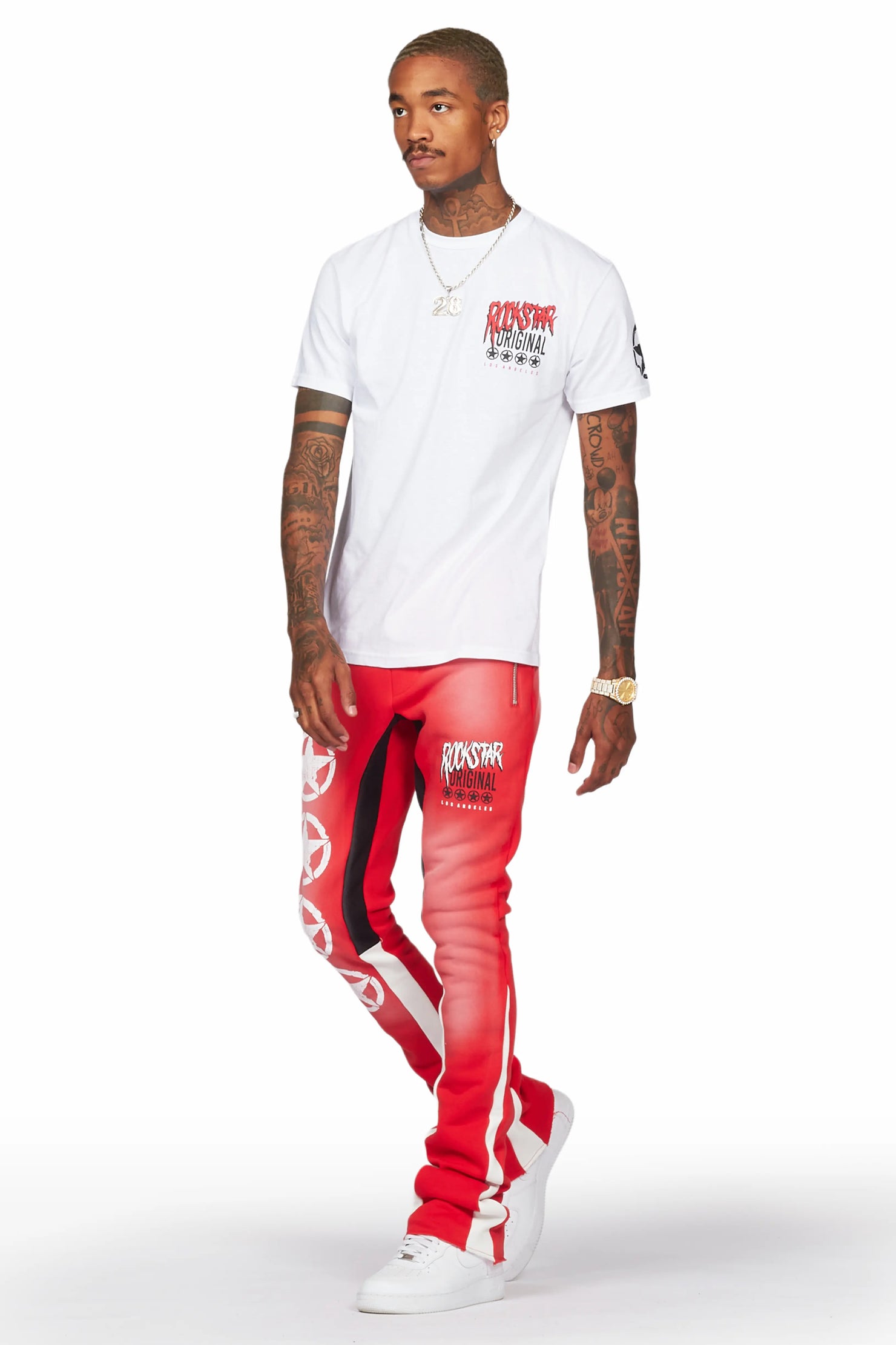 Wizzurd White/Red T-Shirt/Stacked Flare Pant Set