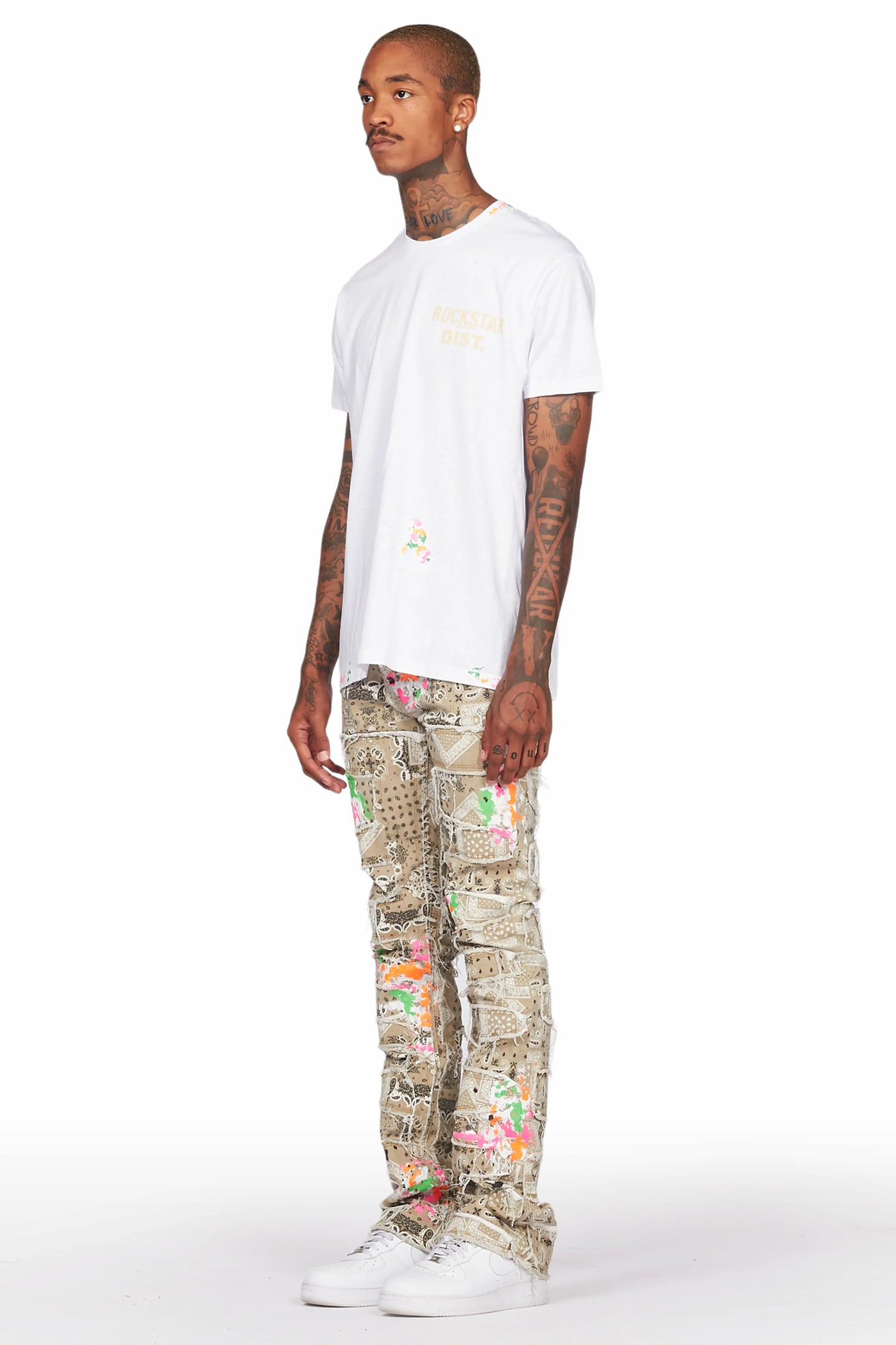 Kavi White/Beige T-Shirt/Stacked Flare Jean Set