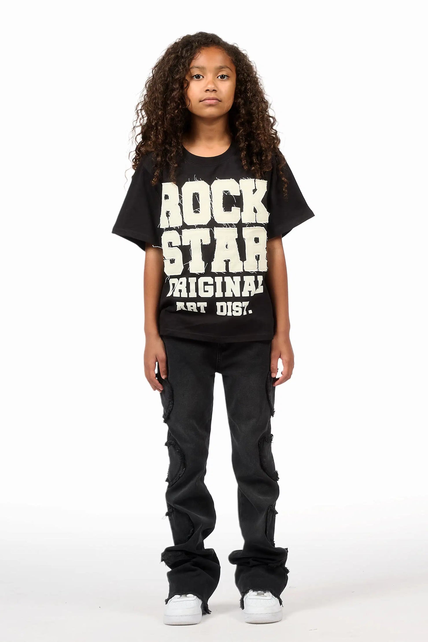 Girls Sinayah Heart Black Stacked Flare Jean