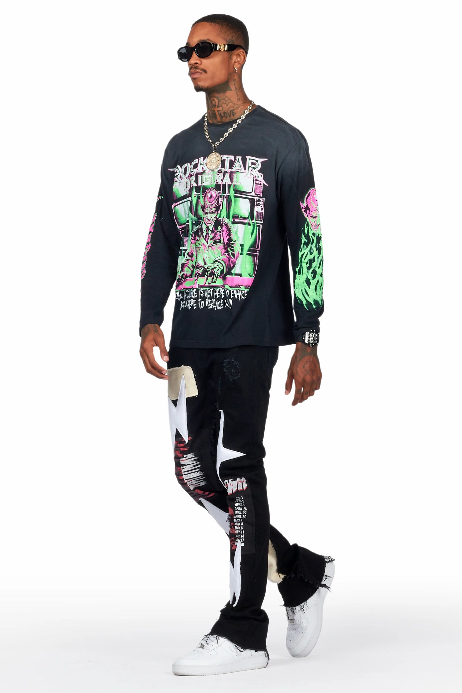 Rhys Black Patchwork Stacked Flare Jean