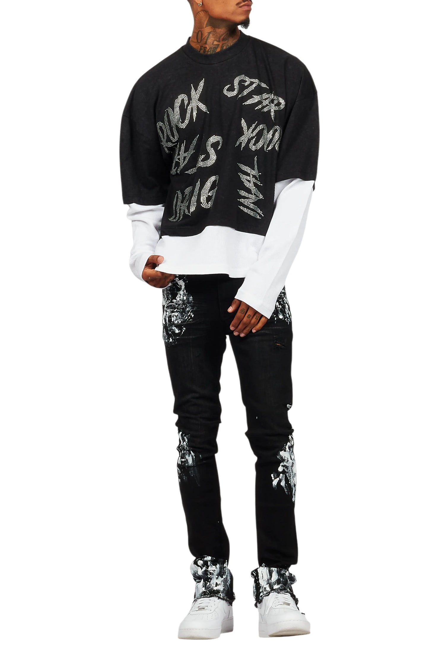 Bence Vintage Black Thermal Double Layer Boxy Crop T-Shirt