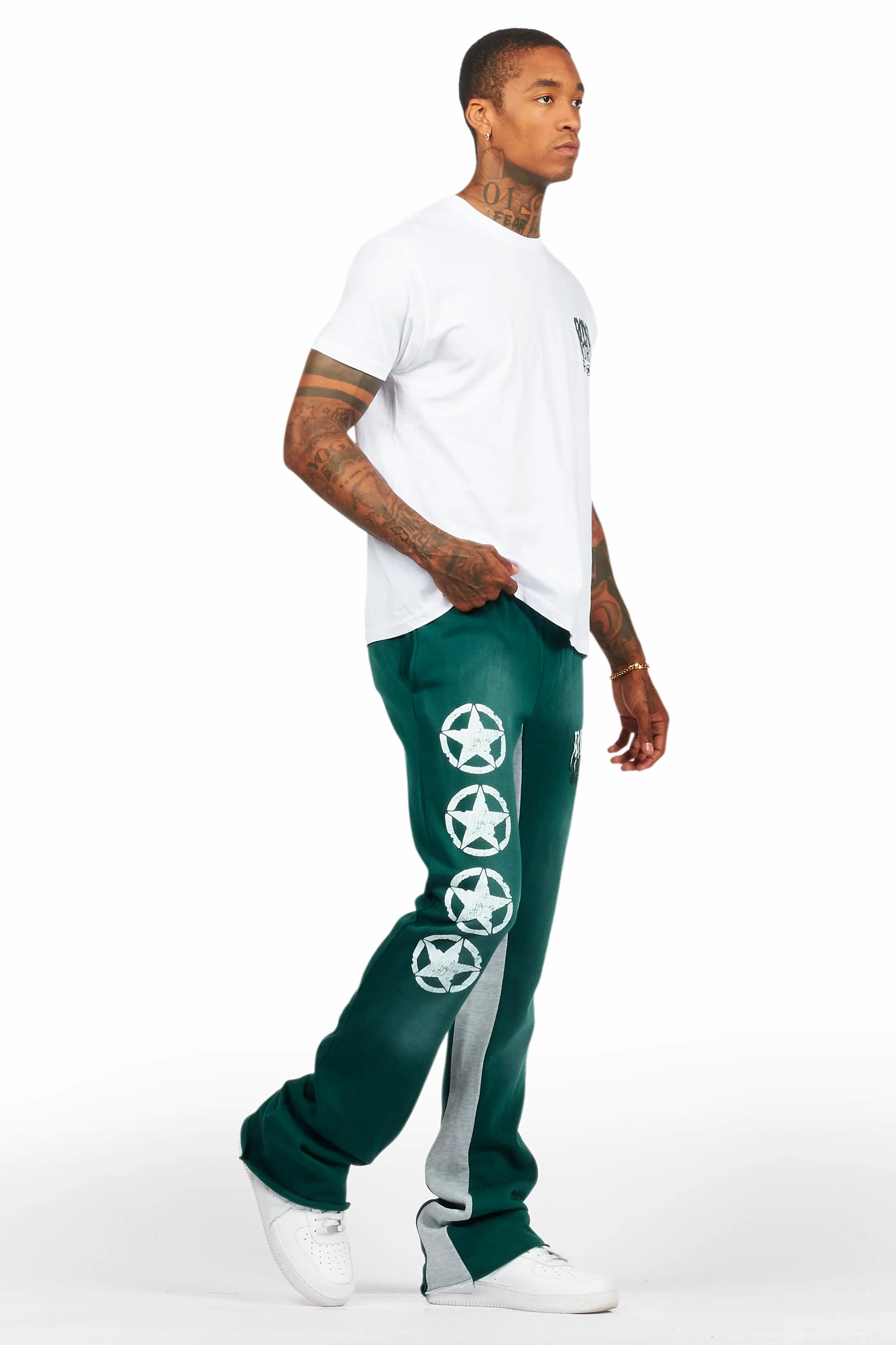 Wizzurd White/Green T-Shirt/Stacked Baggy Track Pant Set