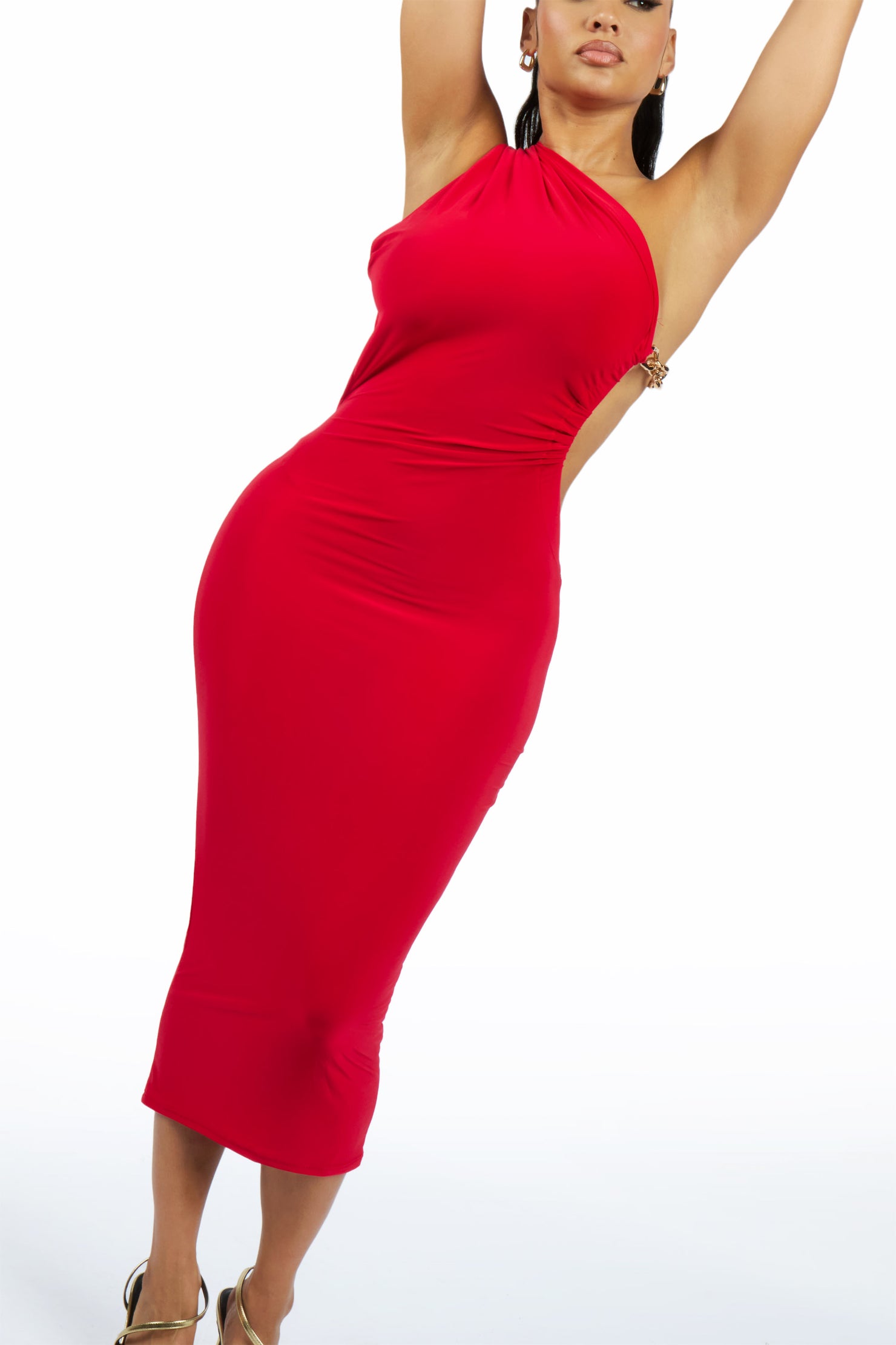 Chain-Back Asym Red Midi Dress