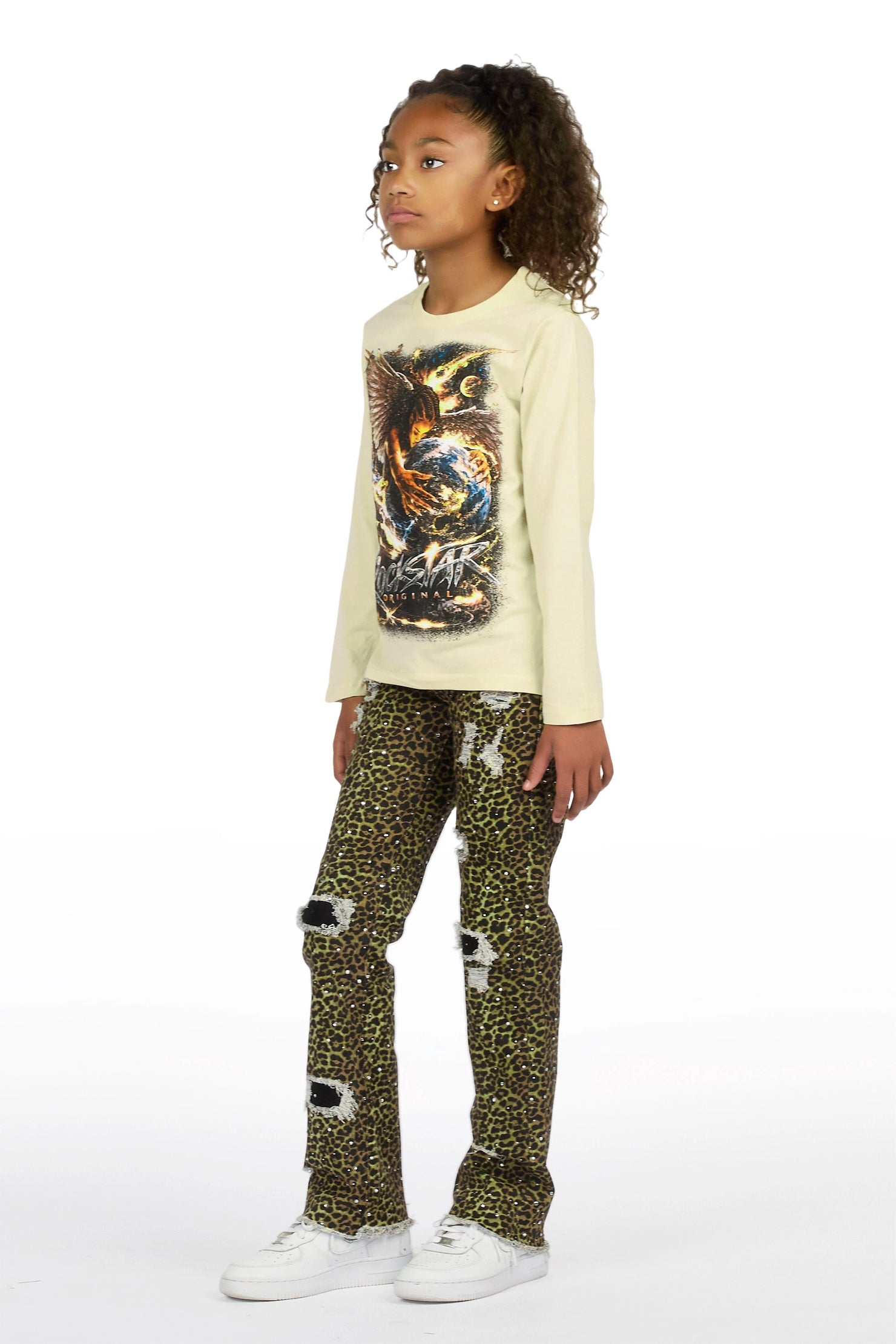 Girls Kearnly Sand/Cheetah Long Sleeve T-Shirt Rhinestone Jean Set