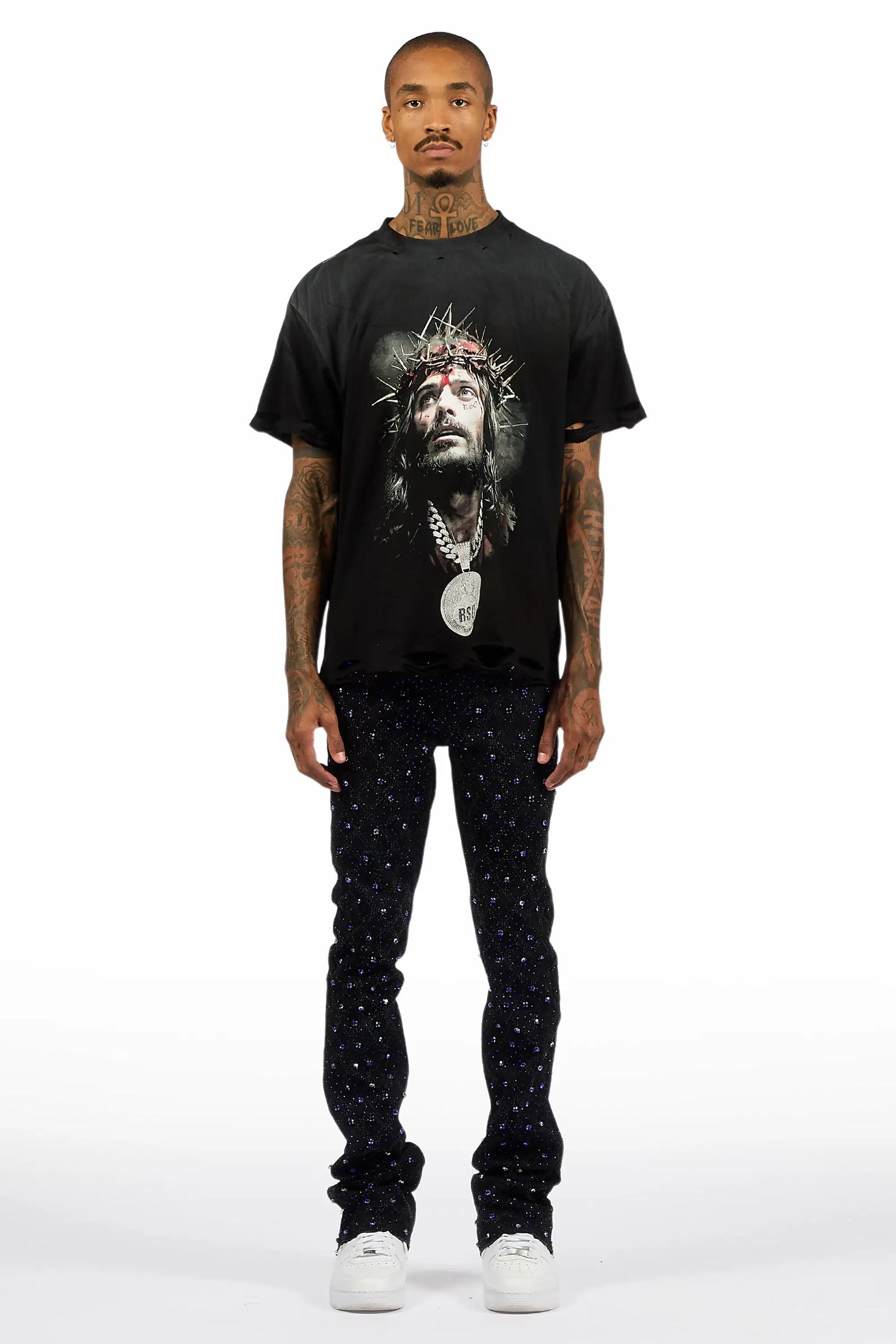 Glit Black/Royal Rhinestone Stacked Flare Jean