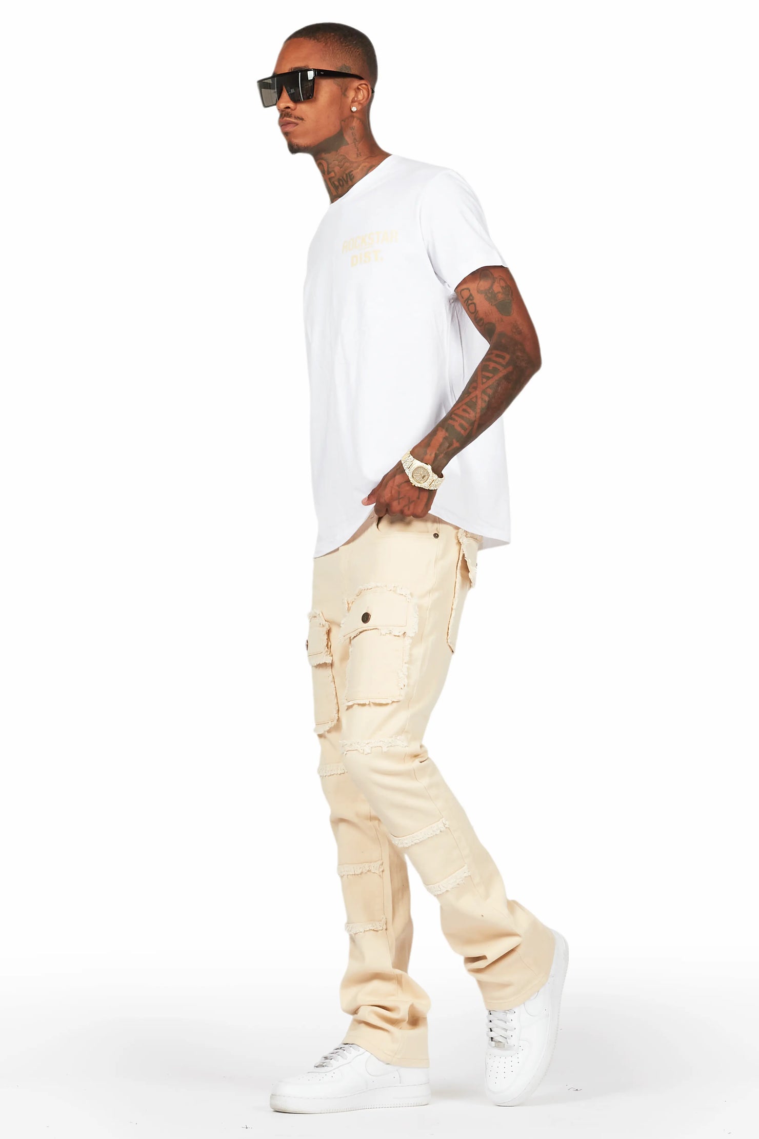 Lake White/Beige T-Shirt/Stacked Flare Cargo Jean Bundle
