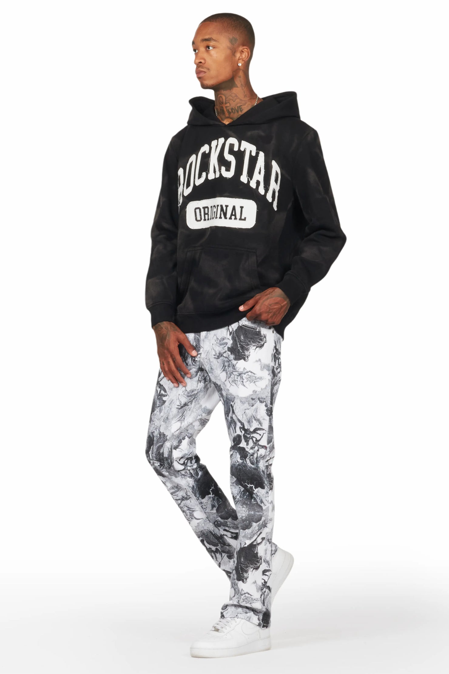 Jacop White Printed Stacked Flare Jean