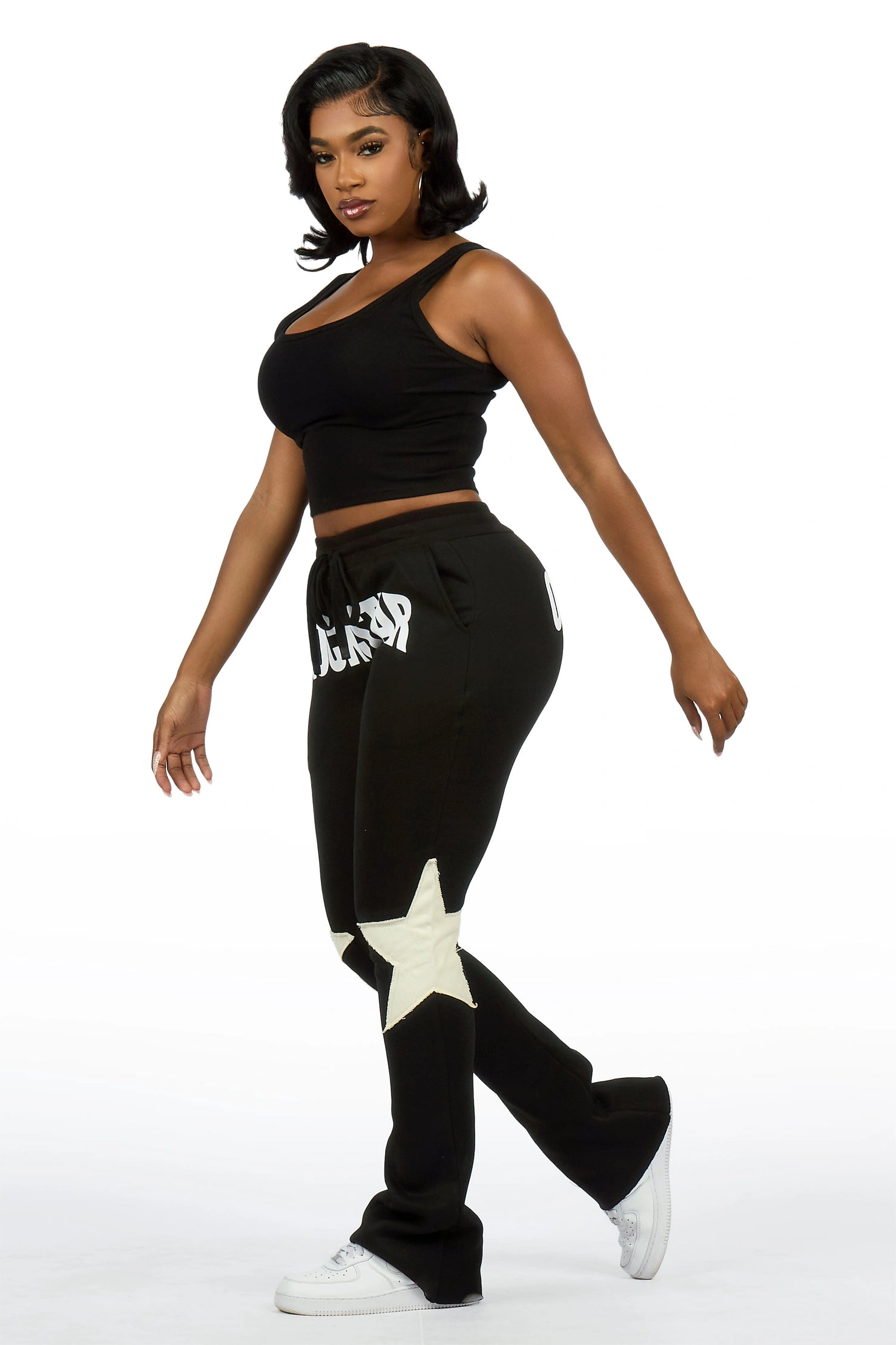 Shanelle Black Patched Stacked Track Pant