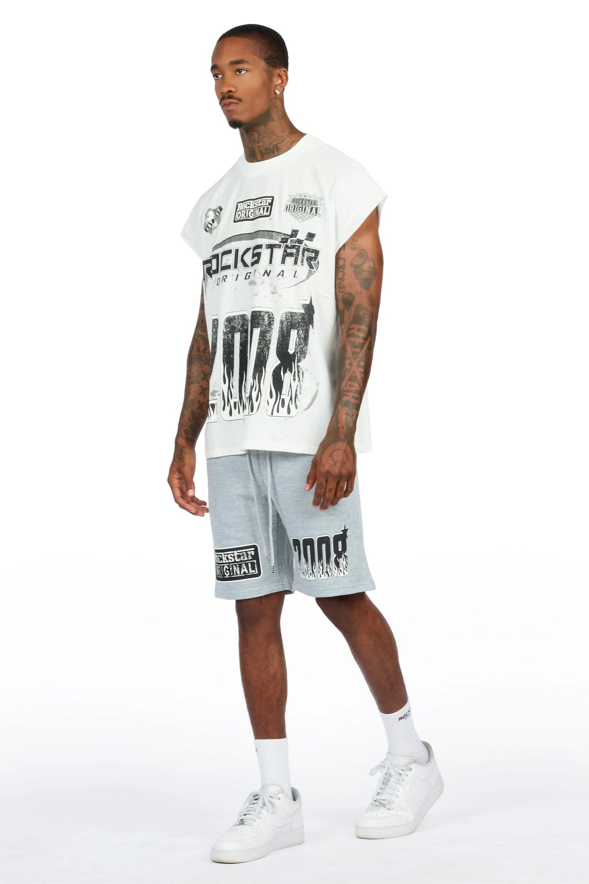 Amos White/Grey Graphic  Cut Sleeve T-Shirt Short Set
